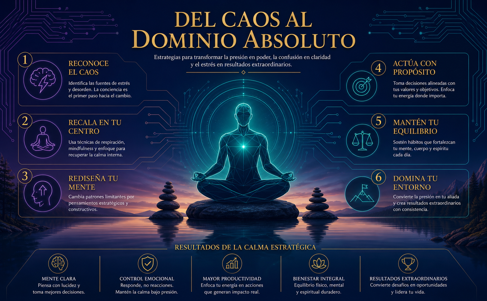 Paisaje dual que fusiona montañas serenas al atardecer con sutiles líneas de circuitos digitales. Tonos azul profundo (#0B1B32) y detalles en oro (#D4AF37). En el centro, una figura humana abstracta y geométrica irradiando un halo de luz cian (#008B8B), representando calma inquebrantable en un entorno de alta presión. Texto integrado en fuente Serif elegante y dorada: "Del Caos al Dominio Absoluto". Estilo corporativo, limpio, sin ruido visual, atmósfera de equilibrio ejecutivo.