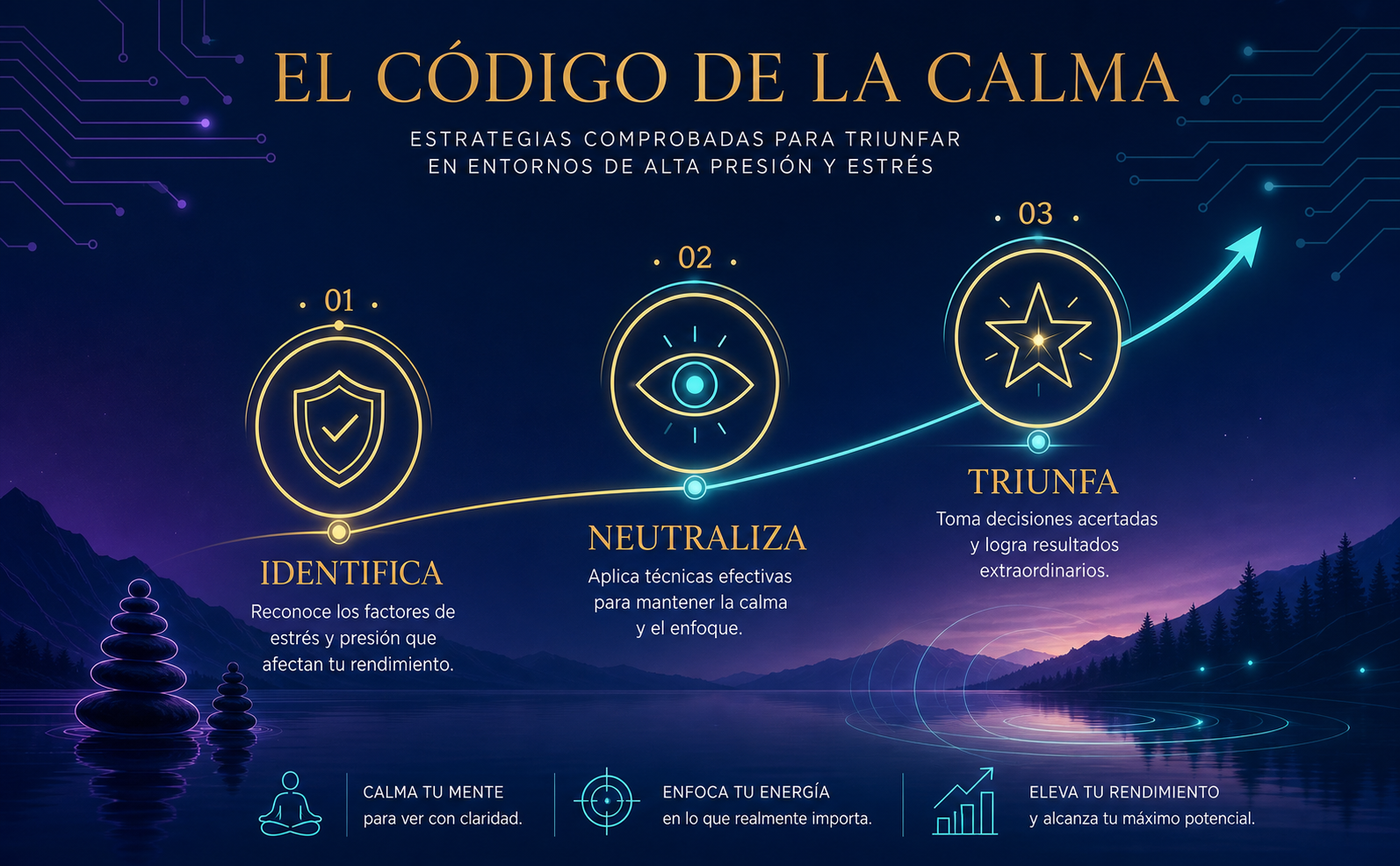Infografía lineal minimalista sobre fondo azul profundo (#0B1B32) con sutiles degradados púrpura (#4B0082). Muestra un camino ascendente con tres hitos geométricos iluminados en oro y cian. Iconos outline con brillo de neón suave: un escudo (protección), un ojo (observación), una estrella (triunfo). Etiquetas en español con tipografía sans-serif ultra-limpia: "Identifica", "Neutraliza", "Triunfa". Estilo tecnológico, equilibrado, ejecutivo y sin elementos caóticos.
