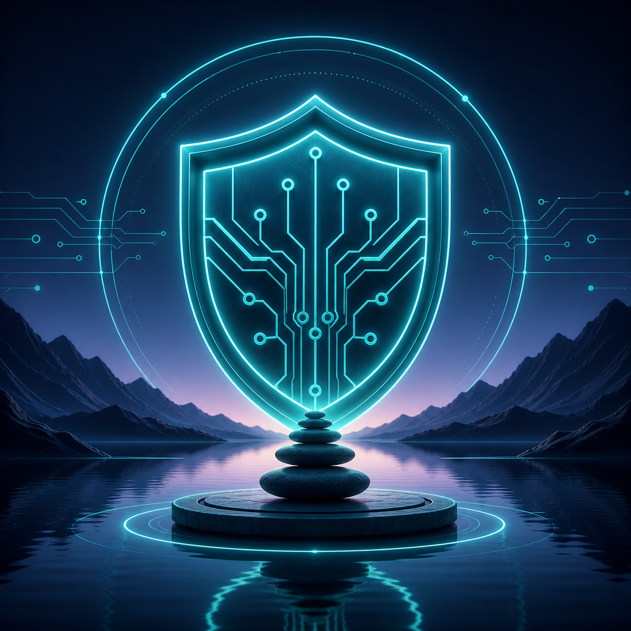 Icono minimalista de un escudo protector entrelazado con circuitos geométricos, iluminado con un sutil resplandor cian (#008B8B) sobre fondo azul oscuro. Estilo outline limpio.