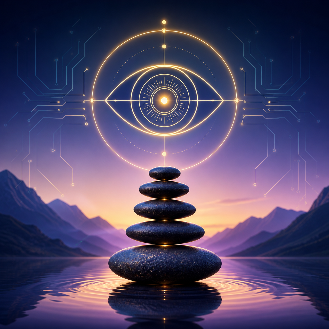 Icono outline de un ojo abstracto y tecnológico con un halo dorado (#D4AF37), flotando sobre piedras Zen perfectamente equilibradas. Fondo con degradados suaves.