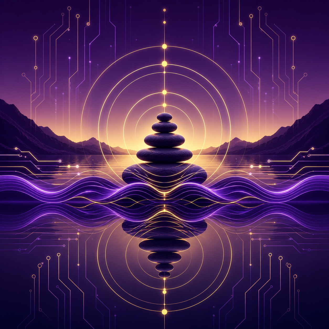 Icono de ondas de agua simétricas y líneas de datos digitales fluyendo en perfecta armonía, en tonos púrpura (#4B0082) y oro. Diseño geométrico y sereno.