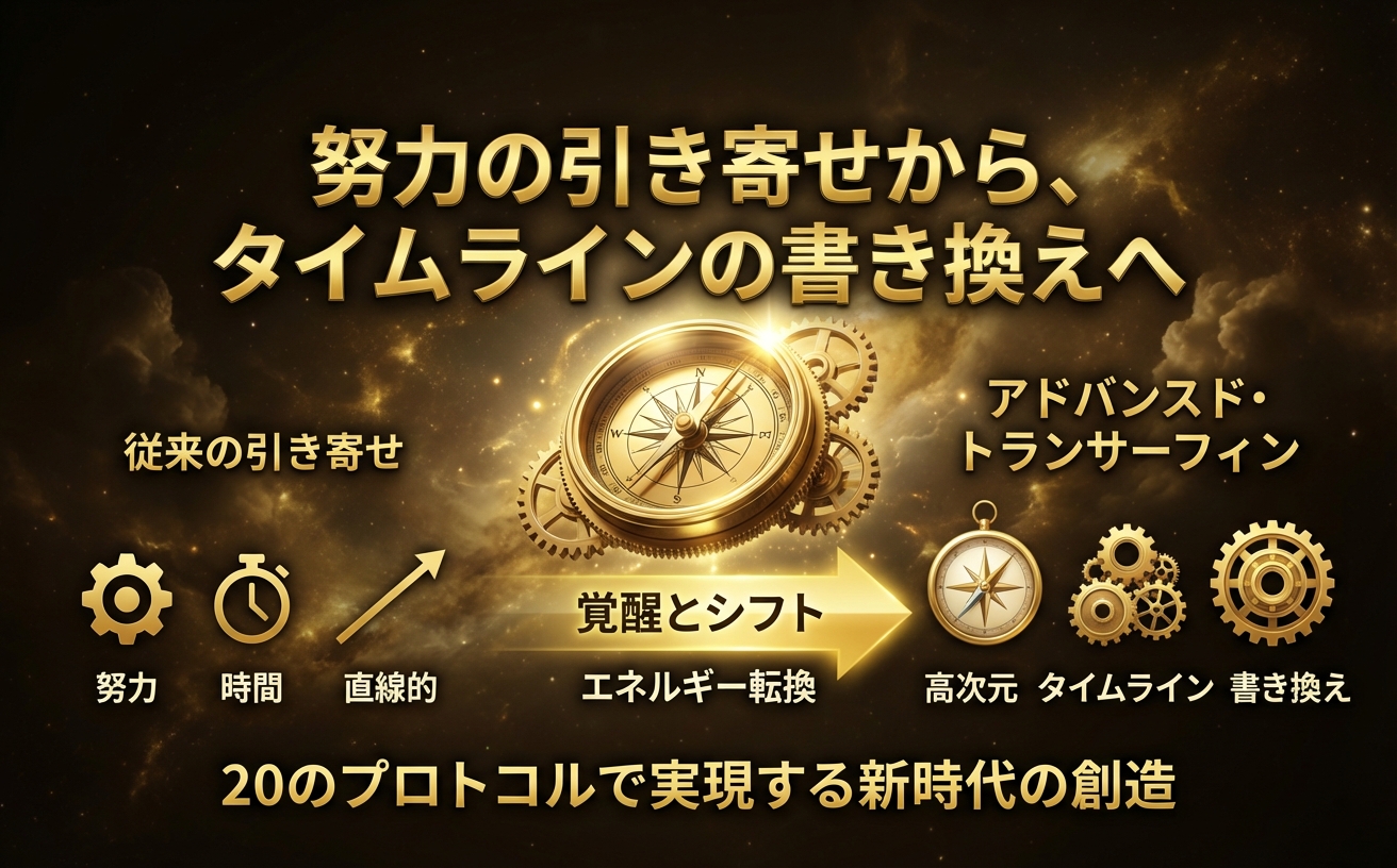【ビジュアル・スタイル仕様書適用】Visual Style: Advanced Metaphysical Gold Aesthetic. Palette: #D4AF37, #1A1408, #FFF9E3. High-contrast lighting, radiant golden energy, mystical atmosphere, 3D metallic textures. Cinematic lighting, ethereal clouds, sacred geometry elements. No bright neon colors, no flat design. 構図：中央に光り輝く黄金の羅針盤（コンパス）と複雑な歯車が浮かび上がり、背景には深く神秘的なダークブラウンと金色の宇宙空間（ネブラ）が広がる。テキスト配置：「努力の引き寄せから、タイムラインの書き換えへ」という力強い見出し（重厚なゴールドグラデーション字）を中央に配置。読者が圧倒的な高次元のエネルギーを感じる、神々しくプレミアムなデザイン。アスペクト比 970:600。