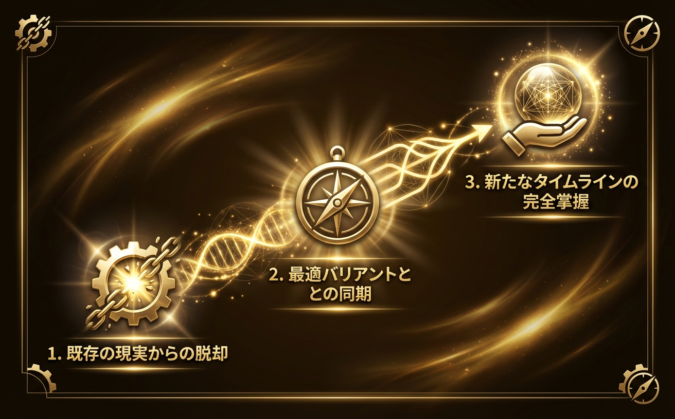 【ビジュアル・スタイル仕様書適用】Visual Style: Advanced Metaphysical Gold Aesthetic. Palette: #D4AF37, #1A1408, #FFF9E3. High-contrast lighting, radiant golden energy, mystical atmosphere, 3D metallic textures. Cinematic lighting, ethereal clouds, sacred geometry elements. No bright neon colors, no flat design. 構図：左下から右上へと上昇する「黄金の光の軌跡」。軌跡上には3つの光るポイント（3Dメタリックな歯車や神聖幾何学のアイコン）が配置されている。各ポイントには日本語のラベル：「1. 既存の現実からの脱却」「2. 最適バリアントとの同期」「3. 新たなタイムラインの完全掌握」。背景は深いダークブラウンから黄金の光へとグラデーションで明るくなる。全体的に高級感と神秘性があり、読者の人生が劇的に上昇するビジョンを視覚化したインフォグラフィック。アスペクト比 970:600。