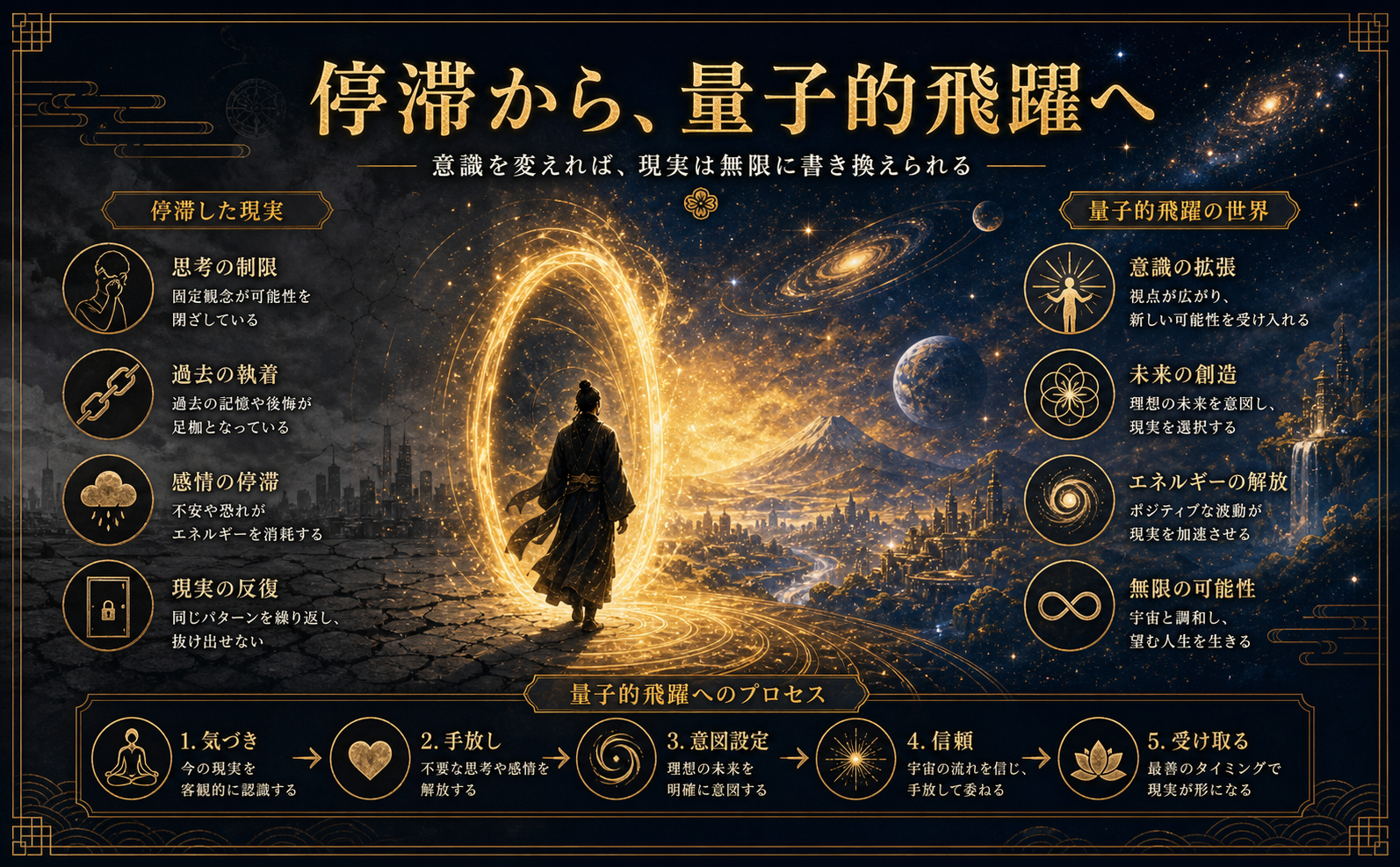 Amazon A+コンテンツ制作のための視覚仕様ガイドです。画像生成プロンプトの冒頭に挿入して使用してください。

### **VISUAL STYLE SPECIFICATIONS: ADVANCED TRANSURFING**

1. **COLOR PALETTE**
* Primary (Background): #0B1423 (ミッドナイトネイビー)
* Secondary (Glow): #D4AF37 (メタリックゴールド)
* Accent (Light): #FFD700 (ブライトアンバー)
* Text/Element: #F8F8FF (ゴーストホワイト)
* Deep Shadow: #2A1B0A (ダークブロンズ)

2. **ICON STYLE**
* 極細のゴールドライン。神聖幾何学、和風の家紋、天体をモチーフにした繊細なアウトラインスタイル。

3. **BACKGROUND STYLE**
* 深い宇宙のグラデーション。星雲、和紙の質感、金箔の飛沫が混ざり合う幻想的なテクスチャ。

4. **MOOD/ATMOSPHERE**
* 神秘的、超越的、静寂。古代の英知と宇宙的エネルギーが融合した高貴な雰囲気。

5. **TYPOGRAPHY STYLE**
* エレガントな装飾付明朝体（Serif）。ゴールドの質感を持たせた太めのウェイトで、視認性と高級感を両立。

6. **DECORATIVE ELEMENTS**
* 光り輝く粒子（パーティクル）、繊細な金の二重枠、エネルギーの渦、桜の花びら、伝統的な和模様（雲・波）。

7. **DO NOT**
* 原色・ネオンカラーの使用、現代的なフラットデザイン、カジュアルなサンセリフ体、過度な余白の欠如、安っぽい3Dエフェクト。

【描画内容】
停滞した灰色の現実から、光り輝く黄金のポータルを抜けて、無限の可能性が広がる宇宙へと足を踏み入れる人物のシルエット。変容と飛躍を象徴する壮大なシーン。画像中央に「停滞から、量子的飛躍へ」という日本語のテキストをエレガントな明朝体で配置。横長（970x600）のレイアウト。