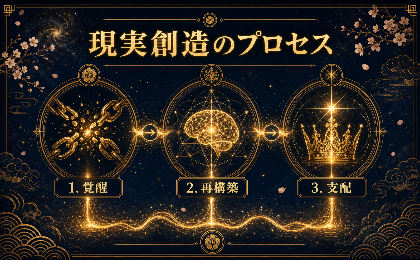 Amazon A+コンテンツ制作のための視覚仕様ガイドです。画像生成プロンプトの冒頭に挿入して使用してください。

### **VISUAL STYLE SPECIFICATIONS: ADVANCED TRANSURFING**

1. **COLOR PALETTE**
* Primary (Background): #0B1423 (ミッドナイトネイビー)
* Secondary (Glow): #D4AF37 (メタリックゴールド)
* Accent (Light): #FFD700 (ブライトアンバー)
* Text/Element: #F8F8FF (ゴーストホワイト)
* Deep Shadow: #2A1B0A (ダークブロンズ)

2. **ICON STYLE**
* 極細のゴールドライン。神聖幾何学、和風の家紋、天体をモチーフにした繊細なアウトラインスタイル。

3. **BACKGROUND STYLE**
* 深い宇宙のグラデーション。星雲、和紙の質感、金箔の飛沫が混ざり合う幻想的なテクスチャ。

4. **MOOD/ATMOSPHERE**
* 神秘的、超越的、静寂。古代の英知と宇宙的エネルギーが融合した高貴な雰囲気。

5. **TYPOGRAPHY STYLE**
* エレガントな装飾付明朝体（Serif）。ゴールドの質感を持たせた太めのウェイトで、視認性と高級感を両立。

6. **DECORATIVE ELEMENTS**
* 光り輝く粒子（パーティクル）、繊細な金の二重枠、エネルギーの渦、桜の花びら、伝統的な和模様（雲・波）。

7. **DO NOT**
* 原色・ネオンカラーの使用、現代的なフラットデザイン、カジュアルなサンセリフ体、過度な余白の欠如、安っぽい3Dエフェクト。

【描画内容】
現実創造のプロセスを示すインフォグラフィック。下から上へ繋がる3つの黄金のノード（結節点）。ノード1：砕け散る鎖（覚醒）。ノード2：光り輝く幾何学的な脳（再構築）。ノード3：輝く王冠または星（支配）。各アイコンの下に「1. 覚醒」「2. 再構築」「3. 支配」という日本語ラベルを配置。上部に大きく「現実創造のプロセス」と配置。横長（970x600）。