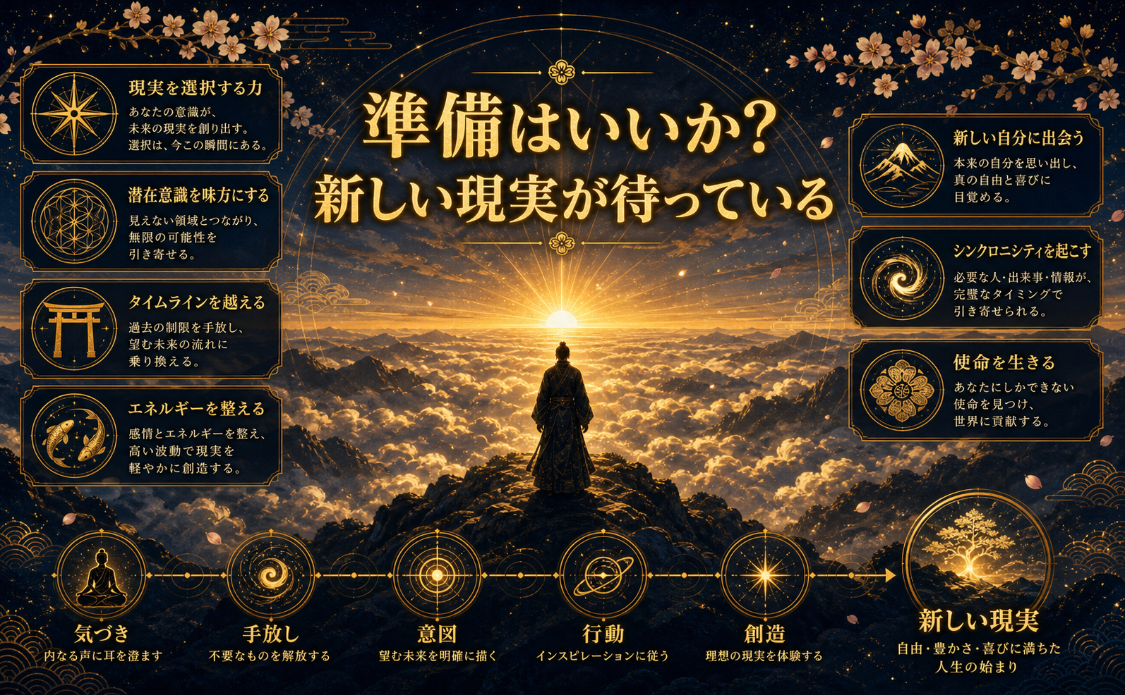 Amazon A+コンテンツ制作のための視覚仕様ガイドです。画像生成プロンプトの冒頭に挿入して使用してください。

### **VISUAL STYLE SPECIFICATIONS: ADVANCED TRANSURFING**

1. **COLOR PALETTE**
* Primary (Background): #0B1423 (ミッドナイトネイビー)
* Secondary (Glow): #D4AF37 (メタリックゴールド)
* Accent (Light): #FFD700 (ブライトアンバー)
* Text/Element: #F8F8FF (ゴーストホワイト)
* Deep Shadow: #2A1B0A (ダークブロンズ)

2. **ICON STYLE**
* 極細のゴールドライン。神聖幾何学、和風の家紋、天体をモチーフにした繊細なアウトラインスタイル。

3. **BACKGROUND STYLE**
* 深い宇宙のグラデーション。星雲、和紙の質感、金箔の飛沫が混ざり合う幻想的なテクスチャ。

4. **MOOD/ATMOSPHERE**
* 神秘的、超越的、静寂。古代の英知と宇宙的エネルギーが融合した高貴な雰囲気。

5. **TYPOGRAPHY STYLE**
* エレガントな装飾付明朝体（Serif）。ゴールドの質感を持たせた太めのウェイトで、視認性と高級感を両立。

6. **DECORATIVE ELEMENTS**
* 光り輝く粒子（パーティクル）、繊細な金の二重枠、エネルギーの渦、桜の花びら、伝統的な和模様（雲・波）。

7. **DO NOT**
* 原色・ネオンカラーの使用、現代的なフラットデザイン、カジュアルなサンセリフ体、過度な余白の欠如、安っぽい3Dエフェクト。

【描画内容】
雲海を見下ろす高い山の頂上から、息を呑むほど美しい黄金の日の出を眺める風景。究極の達成感と新しい人生の幕開けを象徴。画像中央に「準備はいいか？新しい現実が待っている」という日本語のテキストを力強くエレガントに配置。横長（970x600）。