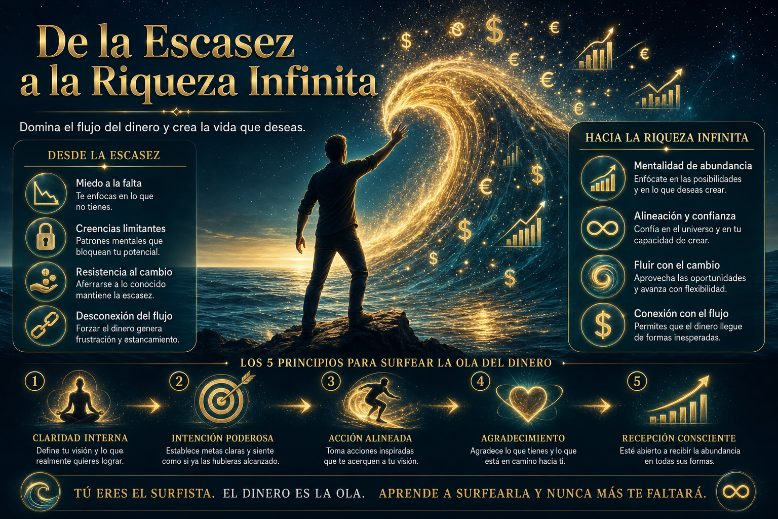 Visual Style Specification for [IMAGE DESCRIPTION]: Color Palette: Deep Abyss Blue (#04101A), Radiant Gold (#FFD700), Oceanic Teal (#1E5F74), and Champagne Gold (#C5A059). Aesthetic: Mystic-Financial Realism. High-contrast cinematic lighting with a glowing, ethereal atmosphere. Background: Hybrid of a starry cosmic nebula and a dark ocean at night with golden light reflections. Elements: Golden energy waves, glowing translucent currency symbols ($, €), and upward growth charts integrated as light trails. Silhouette of a person in a flow state. Lighting: Intense golden glow (rim lighting) against deep dark blue backgrounds. Bokeh particles and light streaks. Typography Context: Elegant serif headers in gold, clean sans-serif body text in white. Avoid: Flat design, cartoonish icons, bright red/green colors, literal office environments, or low-contrast images. ESCENA: Un hombre de pie frente a un vasto océano oscuro bajo un cielo estrellado. Con un gesto suave de su mano, levanta una ola gigante de agua resplandeciente y dorada que se transforma en destellos de abundancia flotantes. Texto grande y elegante en dorado: "De la Escasez a la Riqueza Infinita".