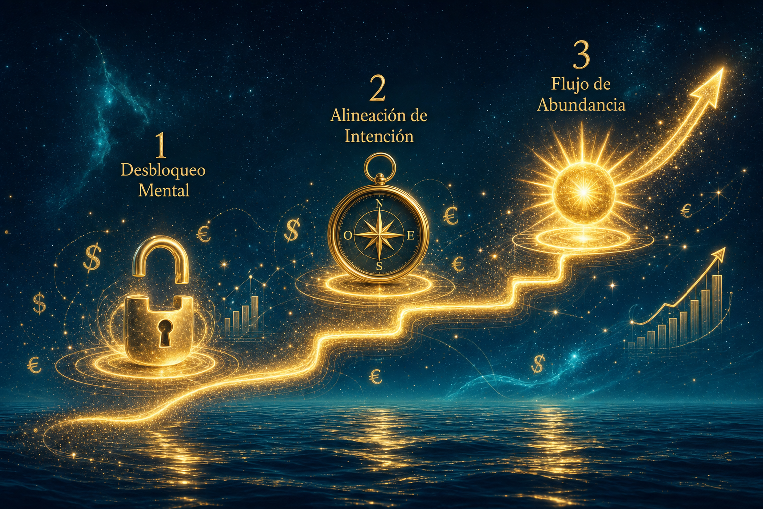 Visual Style Specification for [IMAGE DESCRIPTION]: Color Palette: Deep Abyss Blue (#04101A), Radiant Gold (#FFD700), Oceanic Teal (#1E5F74), and Champagne Gold (#C5A059). Aesthetic: Mystic-Financial Realism. High-contrast cinematic lighting with a glowing, ethereal atmosphere. Background: Hybrid of a starry cosmic nebula and a dark ocean at night with golden light reflections. Elements: Golden energy waves, glowing translucent currency symbols ($, €), and upward growth charts integrated as light trails. Silhouette of a person in a flow state. Lighting: Intense golden glow (rim lighting) against deep dark blue backgrounds. Bokeh particles and light streaks. Typography Context: Elegant serif headers in gold, clean sans-serif body text in white. Avoid: Flat design, cartoonish icons, bright red/green colors, literal office environments, or low-contrast images. ESCENA: Infografía mística y elegante en formato horizontal. Una línea de luz dorada que asciende en forma de escalera o gráfica de crecimiento sobre un fondo de nebulosa cósmica. Tres hitos luminosos con iconos 3D etéreos: 1. Un candado abriéndose (etiqueta en español: "Desbloqueo Mental"), 2. Una brújula dorada (etiqueta en español: "Alineación de Intención"), 3. Un sol radiante (etiqueta en español: "Flujo de Abundancia"). Diseño ultra premium.