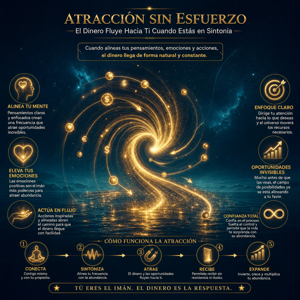 Visual Style Specification for [IMAGE DESCRIPTION]: Color Palette: Deep Abyss Blue (#04101A), Radiant Gold (#FFD700). Aesthetic: Mystic-Financial Realism. ESCENA: Un vórtice cósmico de energía dorada atrayendo suavemente pequeñas esferas de luz brillante hacia su centro, simbolizando atracción sin esfuerzo. No usar fondos blancos.