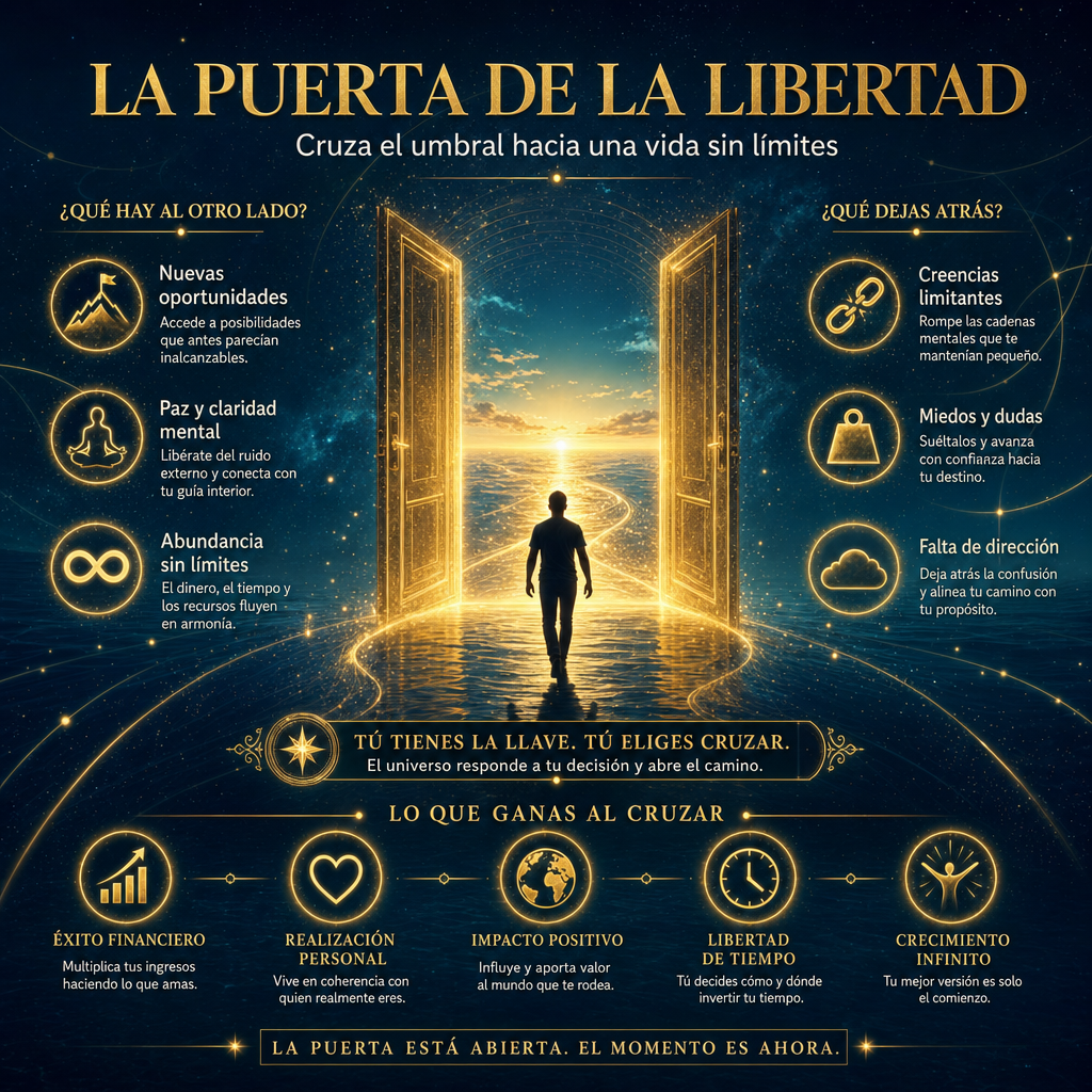 Visual Style Specification for [IMAGE DESCRIPTION]: Color Palette: Deep Abyss Blue (#04101A), Radiant Gold (#FFD700). Aesthetic: Mystic-Financial Realism. ESCENA: Una puerta de luz dorada abriéndose de par en par en medio del espacio profundo, mostrando un horizonte brillante y despejado. Simboliza libertad infinita. No usar fondos blancos.