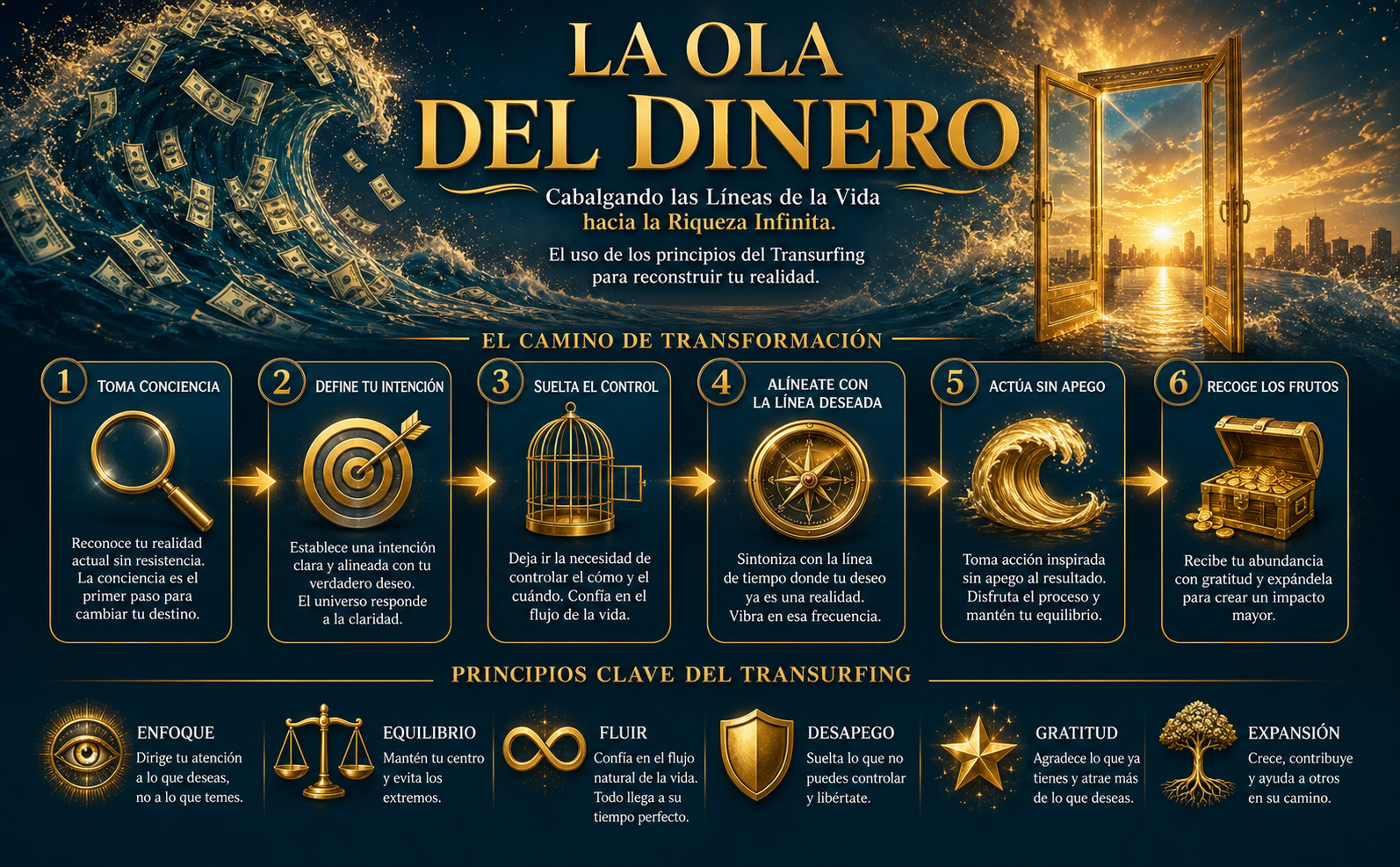 Escena hiperrealista y cinemática. Un océano profundo de color Azul Océano Profundo (#0A3D52) se transforma mágicamente en una ola ascendente brillante con partículas de polvo dorado y destellos de luz solar (#FFD700). En el centro, una puerta de cristal resplandeciente con bordes de Oro Metálico (#D4AF37) se abre hacia un horizonte luminoso, simbolizando el paso hacia la abundancia. Iluminación dramática, lens flares, salpicaduras de agua hiperrealistas. Tipografía clásica serif audaz integrada en la imagen que dice: "DE LA ESCASEZ A LA RIQUEZA INFINITA". Sin libros, sin personas, pura atmósfera épica y aspiracional.