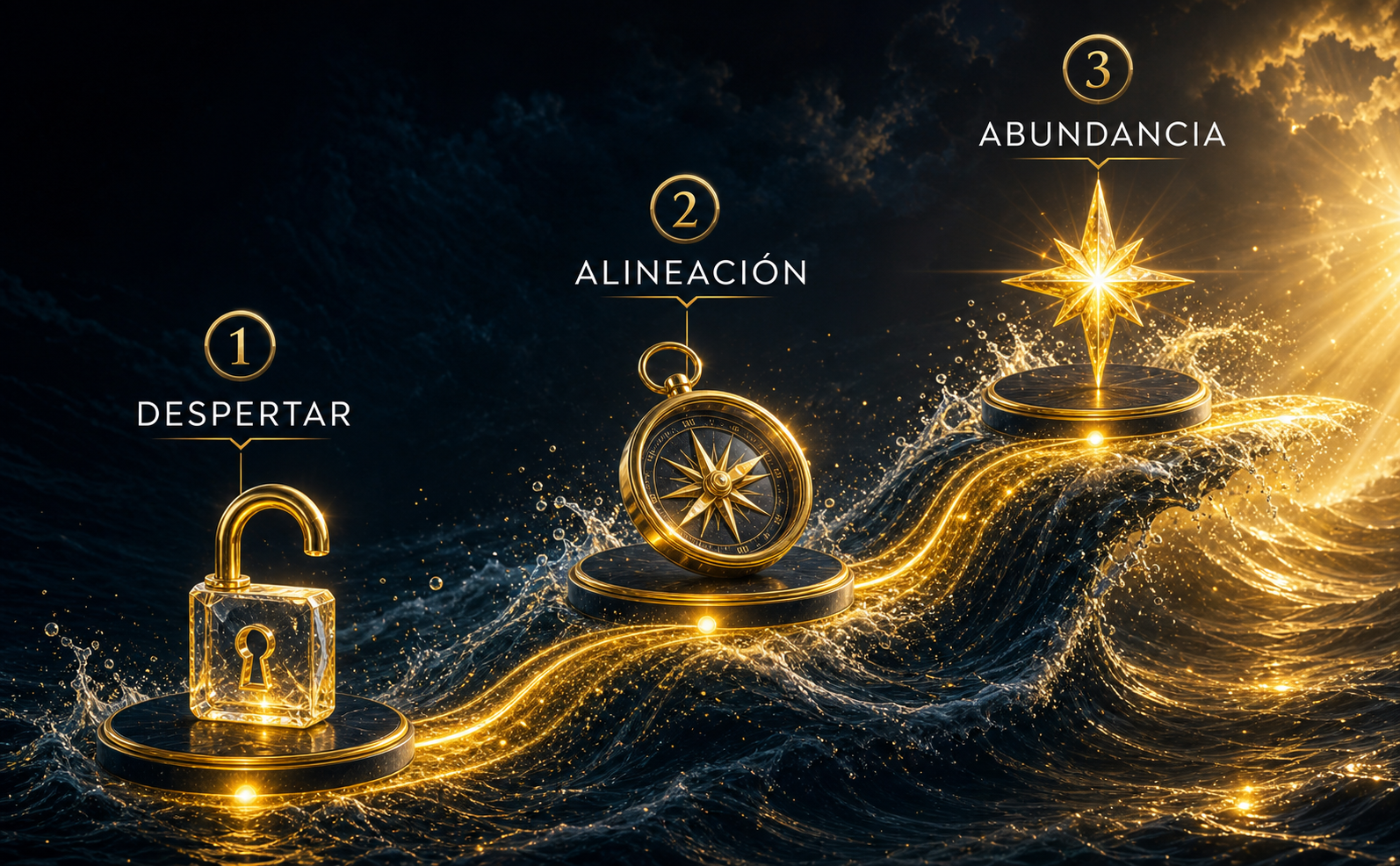 Infografía 3D fotorrealista sobre un fondo de Carbón Sombrío (#121212) con sutiles texturas de agua en movimiento. Un camino ascendente en forma de ola fluida, iluminada con Brillo Solar (#FFD700). Tres hitos marcados con iconos 3D de cristal y Oro Metálico (#D4AF37): 1. Un candado abriéndose, 2. Una brújula dorada, 3. Una estrella resplandeciente. Líneas de flujo dinámico conectan los iconos. Textos en tipografía geométrica delgada y Blanca Espuma (#F8F9FA) que dicen: "DESPERTAR", "ALINEACIÓN", "ABUNDANCIA". Sin libros. Estilo épico, profundo y corporativo.