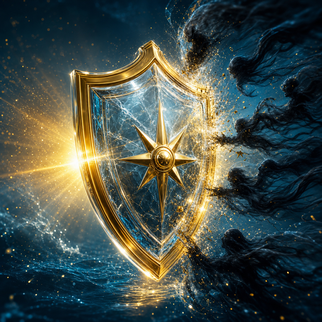 Icono 3D fotorrealista de un escudo de cristal transparente repeliendo sombras oscuras, con detalles y bordes en Oro Metálico (#D4AF37). Fondo de Azul Océano Profundo (#0A3D52) con partículas doradas suspendidas. Estilo épico, luminoso y de alta definición.