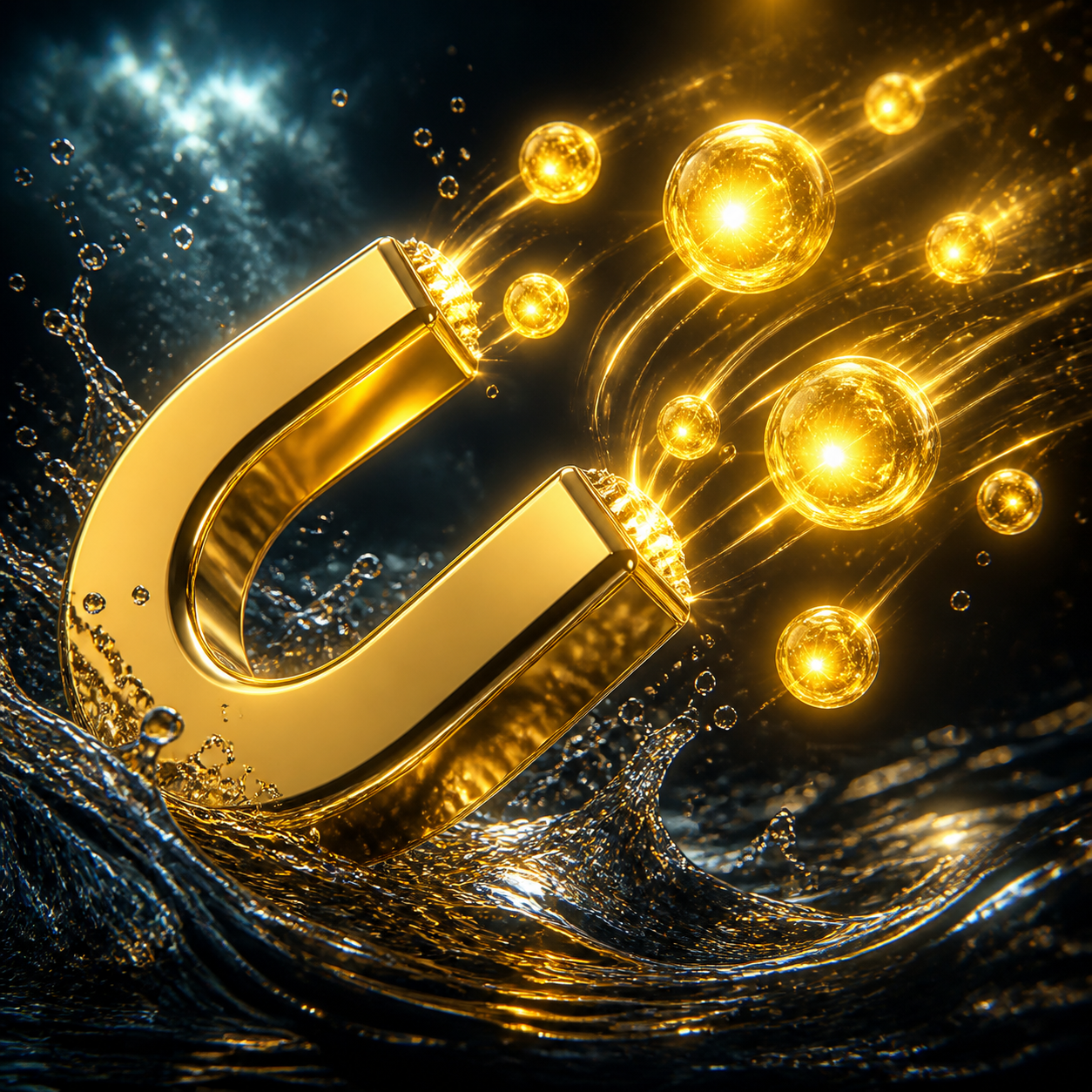 Icono 3D fotorrealista de un imán dorado brillante y pulido atrayendo esferas de luz resplandeciente (#FFD700). Fondo cinemático oscuro de Carbón Sombrío (#121212) con sutiles salpicaduras de agua y reflejos metálicos.
