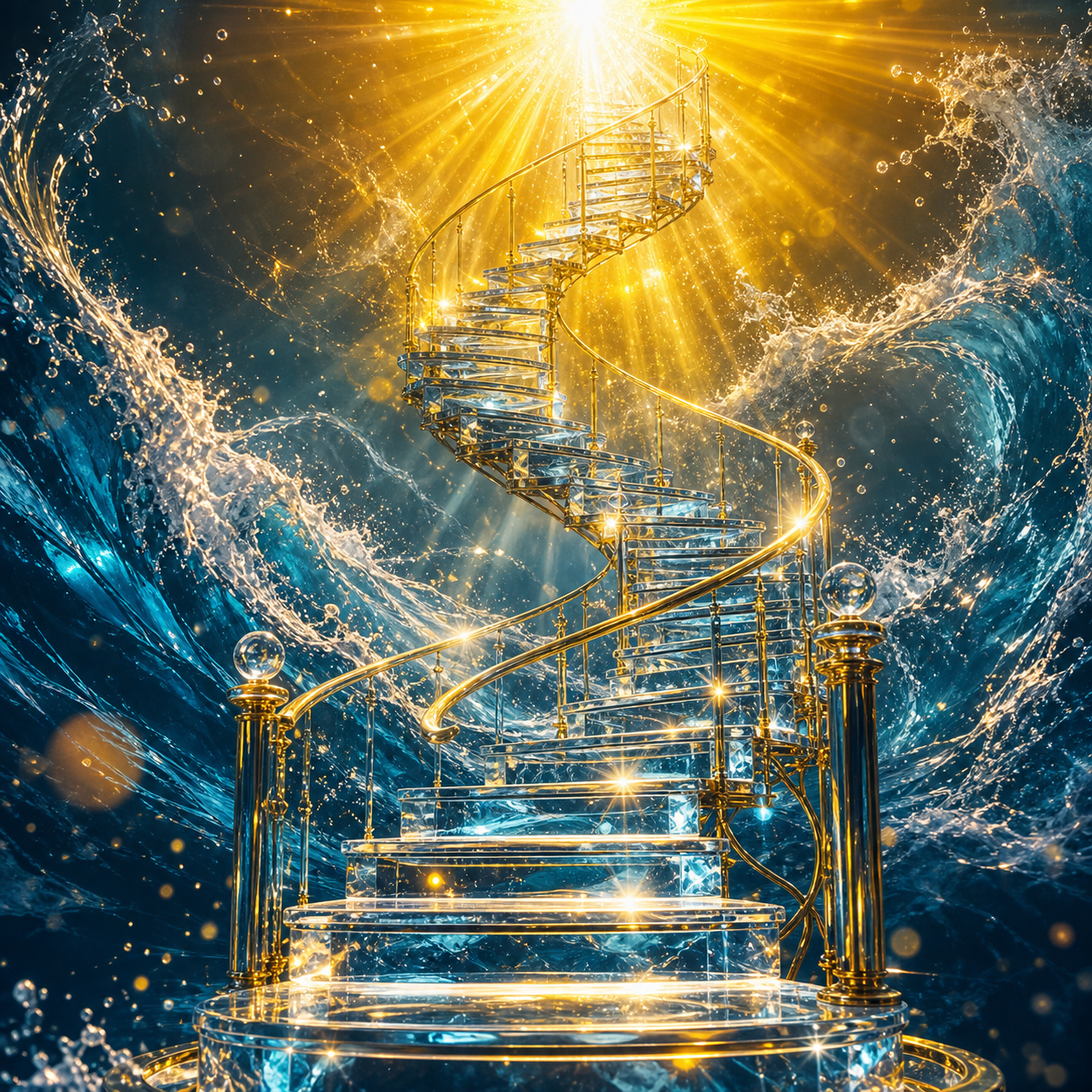 Icono 3D fotorrealista de una escalera de cristal en espiral ascendiendo majestuosamente hacia una luz solar intensa y radiante (#FFD700). Fondo de texturas de agua en movimiento y destellos de lente (lens flare).