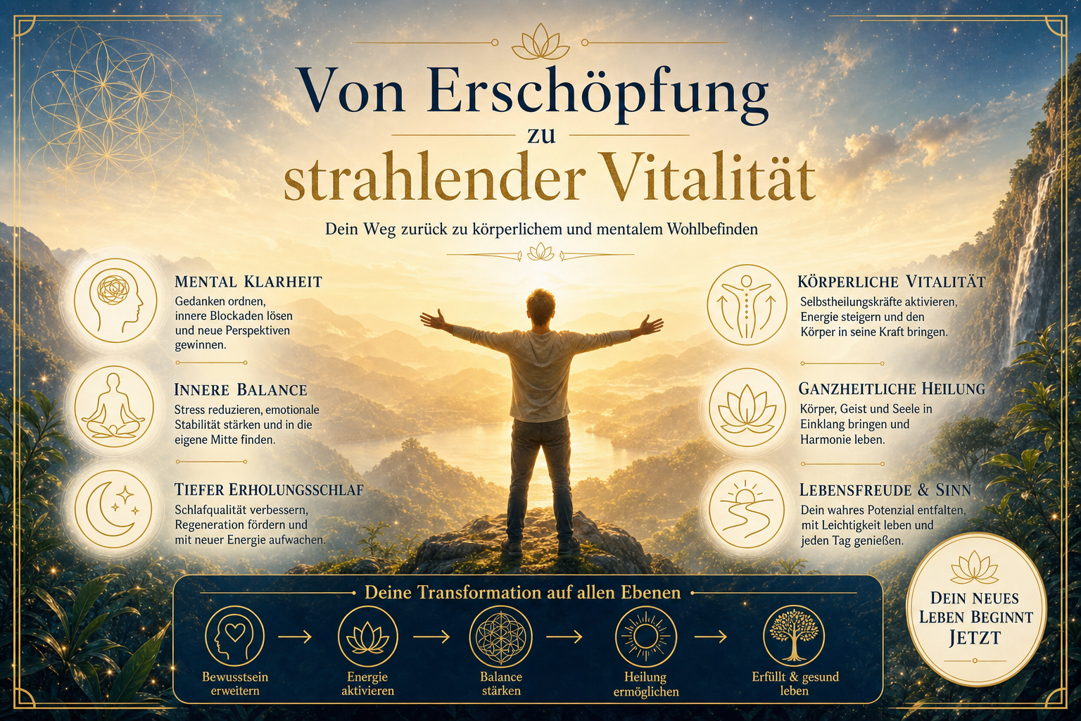 Style Guide: Cinematic spiritual photography, aesthetic of TransSurfing. Color palette: #0C1B33, #C5A059, #F5F1E1. Eine atemberaubende Naturlandschaft im Sonnenaufgang, ein Mensch steht mit entspannt ausgebreiteten Armen auf einem Berggipfel und blickt in das goldene Licht. Text-Overlay in elegantem Serif: 'Von Erschöpfung zu strahlender Vitalität'. Atmosphäre: Serenity, healing, cosmic energy, golden hour lighting. Decorative elements: Sacred geometry, fine gold lines. Typography: Elegant Serif. High-end book marketing style, 8k resolution, serene and expansive.