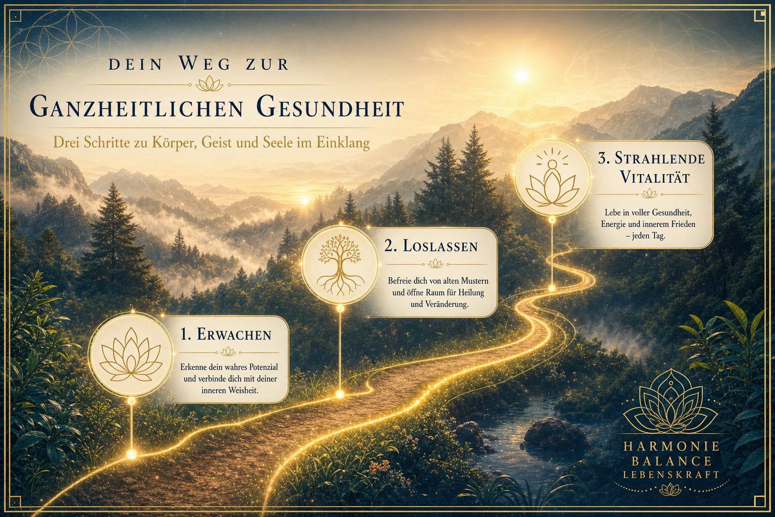 Style Guide: Cinematic spiritual photography, aesthetic of TransSurfing. Color palette: #0C1B33, #C5A059, #F5F1E1. Eine elegante Infografik, die einen goldenen Pfad durch eine friedliche, neblige Waldlandschaft zeigt. Drei leuchtende Meilensteine mit filigranen Lotus-Icons. Text-Labels in elegantem Serif: 'Erwachen', 'Loslassen', 'Strahlende Vitalität'. Atmosphäre: Serenity, healing, cosmic energy, golden hour lighting. Decorative elements: Sacred geometry, fine gold lines, lotus symbols. Typography: Elegant Serif. High-end book marketing style, 8k resolution, serene and expansive.