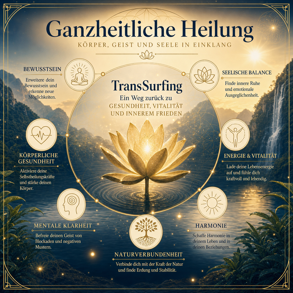 Style Guide: Cinematic spiritual photography, aesthetic of TransSurfing. Color palette: #0C1B33, #C5A059, #F5F1E1. Ein filigranes, goldenes Lotus-Icon, das aus ruhigem, dunklem Wasser aufsteigt, umgeben von sanftem Licht. Atmosphäre: Serenity, healing, cosmic energy, golden hour lighting. Decorative elements: Sacred geometry, fine gold lines. High-end book marketing style, 8k resolution.