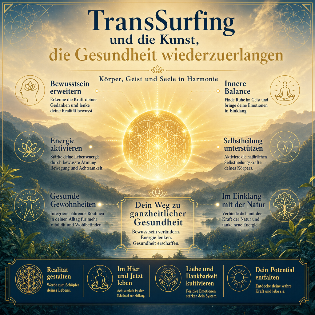 Style Guide: Cinematic spiritual photography, aesthetic of TransSurfing. Color palette: #0C1B33, #C5A059, #F5F1E1. Ein leuchtendes, goldenes Sonnen-Symbol, das über einer sanften, im Nebel liegenden Berglandschaft schwebt. Atmosphäre: Serenity, healing, cosmic energy, golden hour lighting. Decorative elements: Sacred geometry, fine gold lines. High-end book marketing style, 8k resolution.