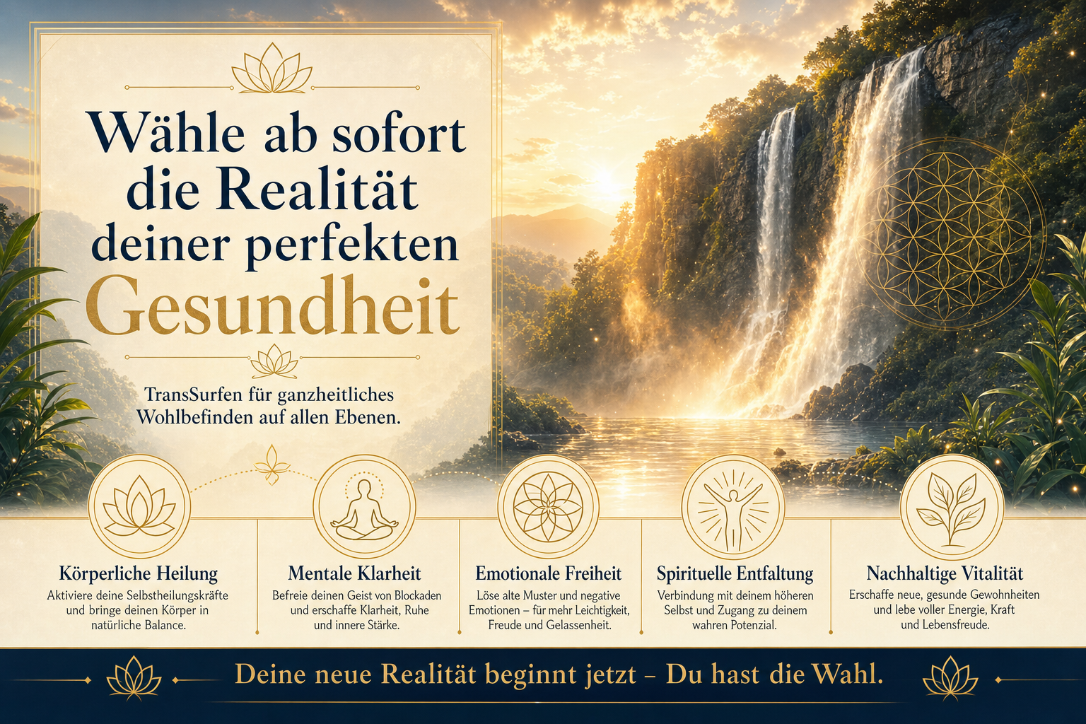 Style Guide: Cinematic spiritual photography, aesthetic of TransSurfing. Color palette: #0C1B33, #C5A059, #F5F1E1. Ein majestätischer, ruhiger Wasserfall im goldenen Licht des Sonnenuntergangs, der pure Lebensenergie und Reinwaschung ausstrahlt. Text-Overlay in elegantem Serif: 'Wähle ab sofort die Realität deiner perfekten Gesundheit'. Atmosphäre: Serenity, healing, cosmic energy, golden hour lighting. Decorative elements: Sacred geometry, fine gold lines, lotus symbols. Typography: Elegant Serif. High-end book marketing style, 8k resolution, serene and expansive.