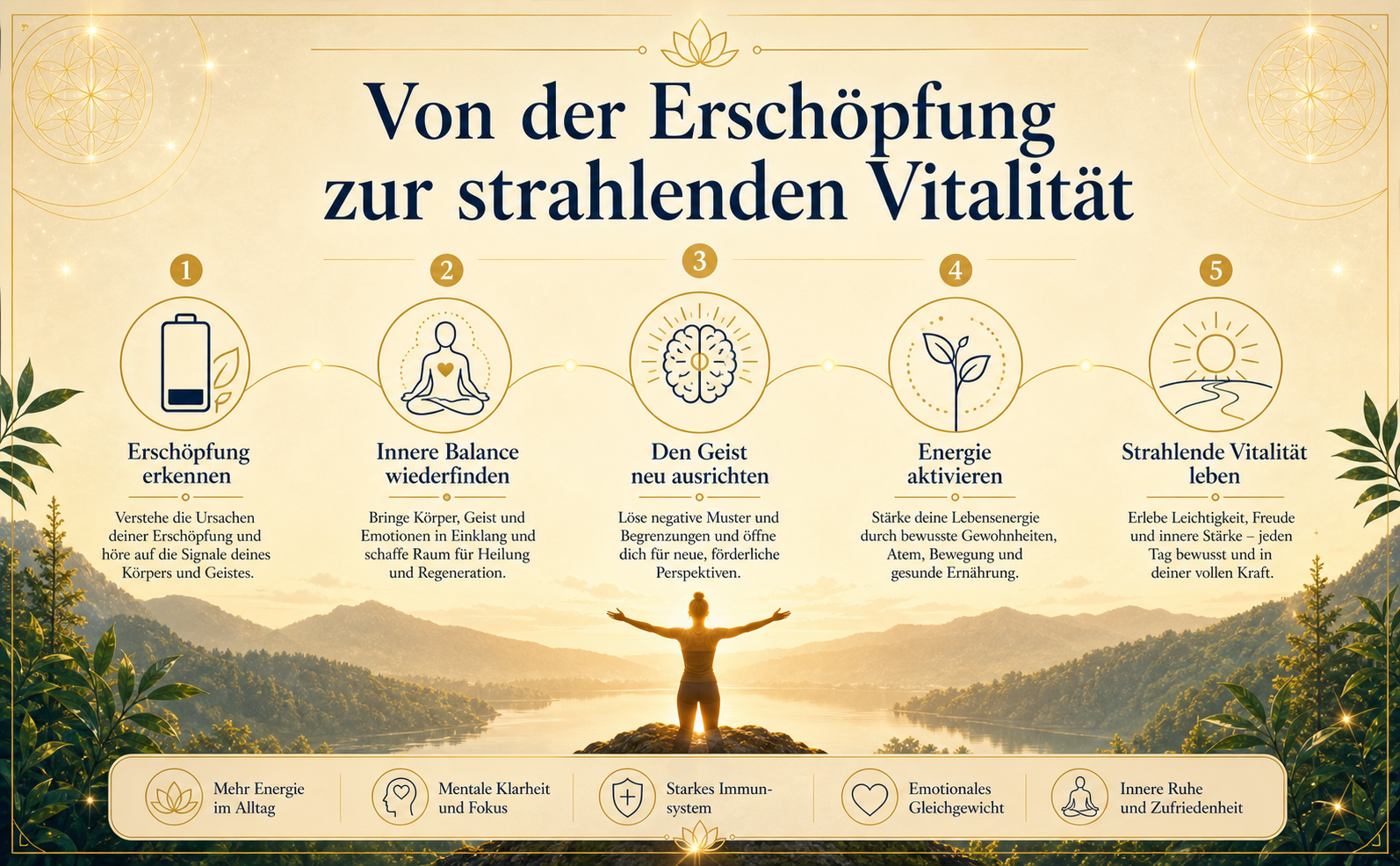 Eine inspirierende Landschaftsszene im Morgengrauen. Ein sanfter Farbverlauf von Creme (#F5E6C4) zu Sonnenlicht (#FFF4D1). Im Vordergrund die abstrakte Silhouette einer Person, die mit offenen Armen auf einem Berggipfel steht und tiefe Ruhe ausstrahlt. Im Hintergrund ein unscharfer, ruhiger See in Waldgrün (#2D4F1E). Oben steht in eleganter Serifenschrift (Mitternachtsblau #0A2440) der Text: "Von der Erschöpfung zur strahlenden Vitalität". Zarte goldene Lichtreflexe und eine filigrane Lotusblume (Antikgold #C5A059) runden das Bild ab. Keine harten Schatten, keine Bücher, keine Cover.