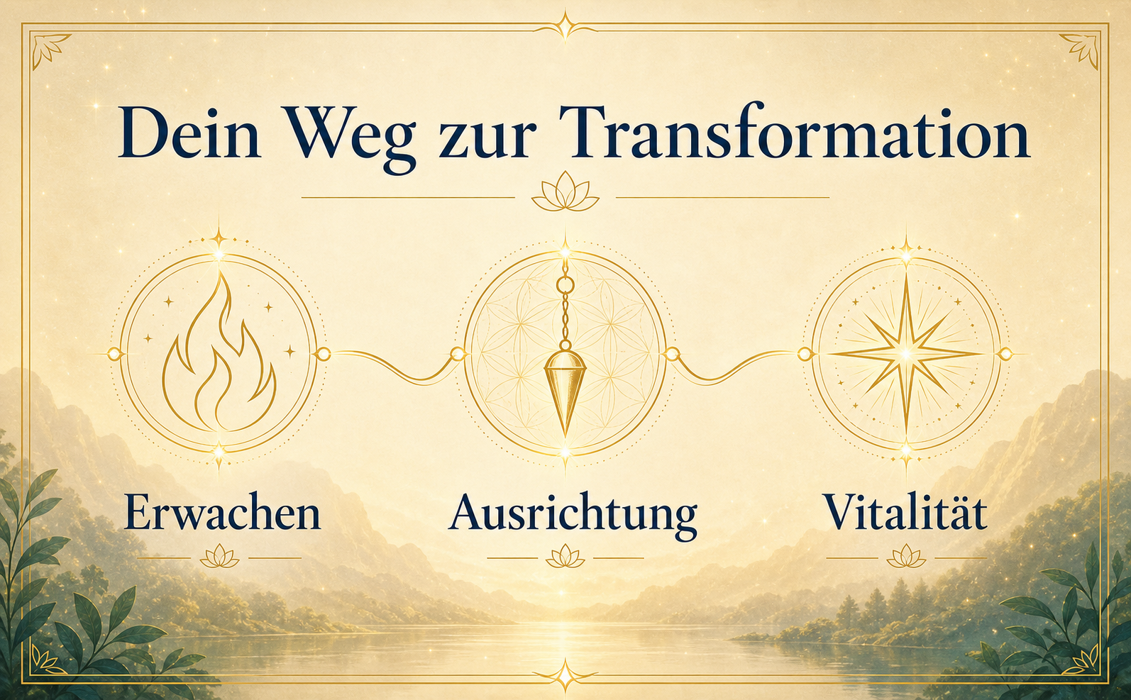 Eine elegante Infografik im Querformat. Hintergrund ist ein sanftes Pergament-Creme (#F5E6C4) mit subtilen Sternenstaub-Effekten. Eine fließende, geschwungene goldene Linie (#C5A059) verbindet drei filigrane Icons im Stil der heiligen Geometrie: 1. Eine stilisierte Flamme, 2. Ein harmonisches Pendel, 3. Ein strahlender Stern. Unter den Icons stehen in Mitternachtsblau (#0A2440) und eleganter Serifenschrift die Worte: "Erwachen", "Ausrichtung", "Vitalität". Oben der Titel: "Dein Weg zur Transformation". Zarte goldene Rahmenlinien fassen die Komposition ein. Keine Bücher, keine Cover.