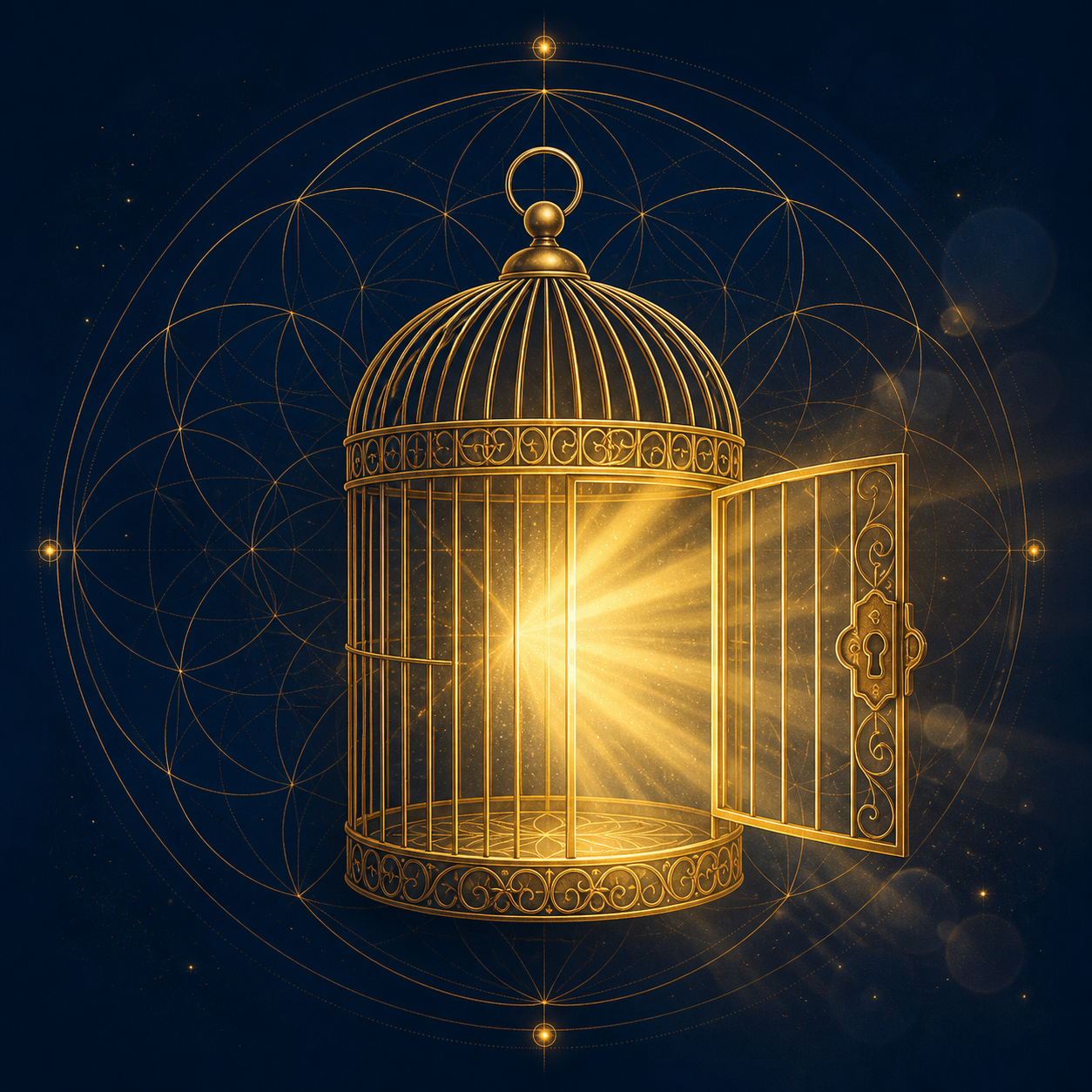 Ein filigranes, in Antikgold (#C5A059) gezeichnetes Icon einer geöffneten Vogelkäfig-Tür, aus der sanftes Licht strömt. Hintergrund in ruhigem Mitternachtsblau (#0A2440) mit zarten Lens Flares. Stil: Heilige Geometrie, elegant, beruhigend. Keine Bücher.