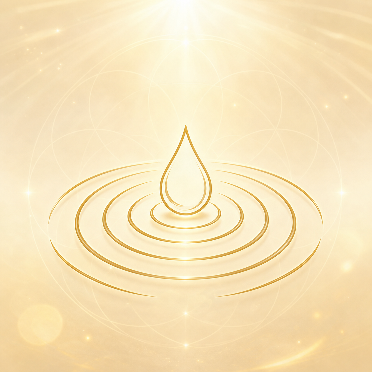Ein zartes Outline-Icon von konzentrischen Wellen, die von einem zentralen Wassertropfen ausgehen. Gezeichnet in Antikgold (#C5A059) auf einem weichen Creme-Hintergrund (#F5E6C4) mit subtilen Sonnenlicht-Akzenten (#FFF4D1). Keine Bücher.