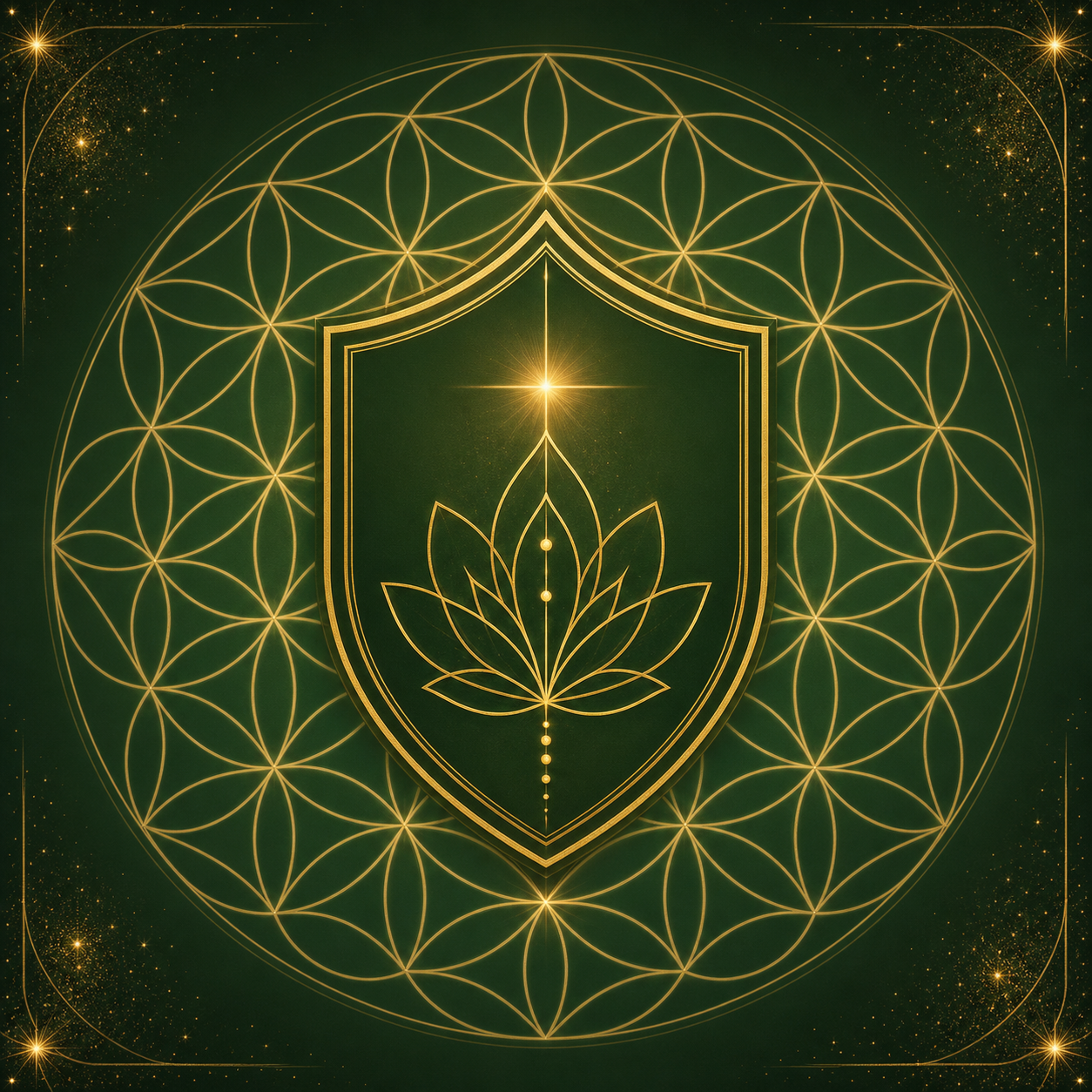 Ein geometrisches Schild-Icon, umgeben von der Blume des Lebens. Feinste goldene Linien (#C5A059) auf einem tiefen Waldgrün (#2D4F1E). Sanfte goldene Rahmenlinien und Sternenstaub in den Ecken. Keine Bücher.