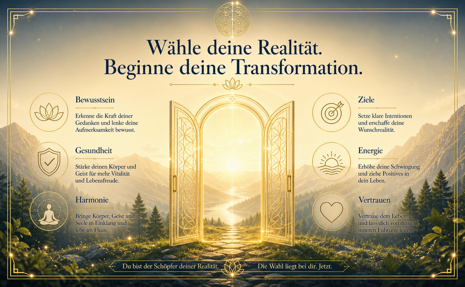 Eine majestätische, leicht unscharfe Berglandschaft im Sonnenaufgang, getaucht in warmes Sonnenlicht (#FFF4D1) und sanftes Waldgrün (#2D4F1E). Im Zentrum eine offene, leuchtende Tür aus goldenen Linien (#C5A059), die den Übergang in eine neue Dimension symbolisiert. Oben steht in kraftvoller, eleganter Serifenschrift (Mitternachtsblau #0A2440): "Wähle deine Realität. Beginne deine Transformation." Subtile Lichtreflexe und eine himmlische, ruhige Atmosphäre. Keine Bücher, keine Cover.