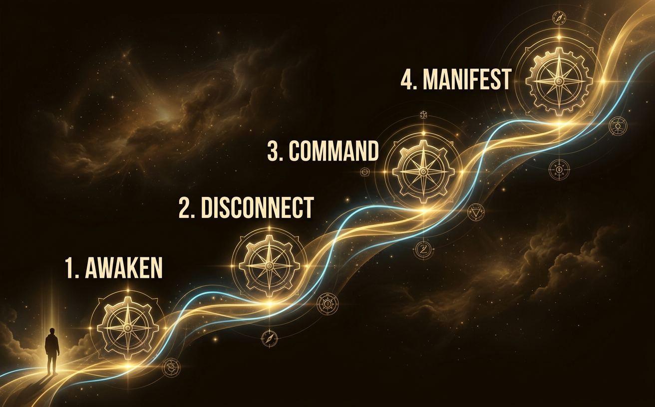 Landscape 970x600. Professional marketing infographic roadmap. Cosmic deep brown-black background (#140C00) with wispy ethereal nebulae in warm amber (#FFBF00). A flowing timeline ascending upward made of ethereal glowing gold (#D4A800) and light-blue (#47E0FF) lines. 4 glowing, intricate, thin-outline cosmic gear and compass icons marking steps along the path. Text labels in English using subtle cream: "1. AWAKEN", "2. DISCONNECT", "3. COMMAND", "4. MANIFEST". Mystical, sleek layout. Subtle metallic gleams, no cluttered flat elements.