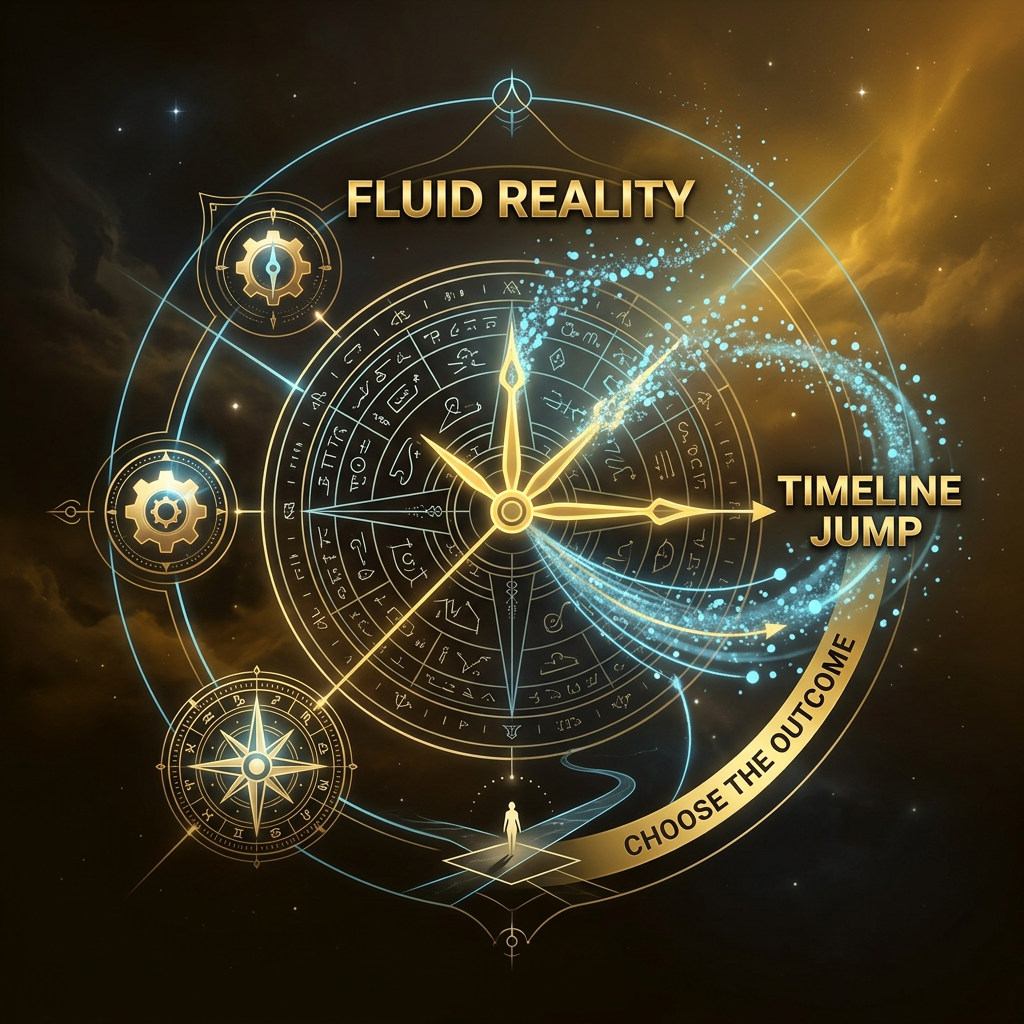 Square 300x300. Glowing mystical compass or cosmic clock with hands dissolving into light-blue (#47E0FF) ethereal particles. Deep dark background with subtle celestial hints, conveying timeline jumping and fluid reality.