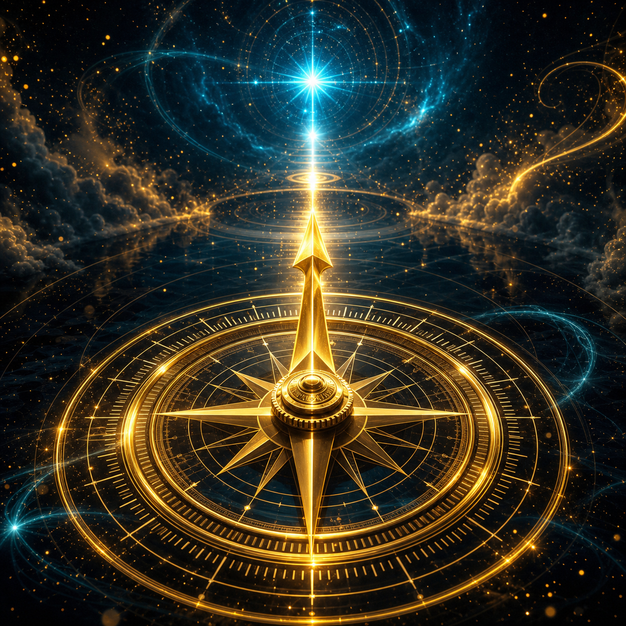 **[STYLE GUIDE: ADVANCED-TRANSURFING-CORE]** Dark cosmic aesthetic. Palette: #080C14, #C5A059, #FDE68A, #22D3EE. Atmospheric lighting with golden glowing particles and cyan energy swirls. High-contrast 'spiritual awakening' mood. 3D holographic icons. Textures of polished gold and deep space nebula. Reflective floor surfaces. Cinematic lighting, ultra-realistic, 8k resolution. **[END STYLE GUIDE]** A glowing golden compass needle suspended in mid-air, pointing directly toward a bright, pulsing cyan star in the distance.