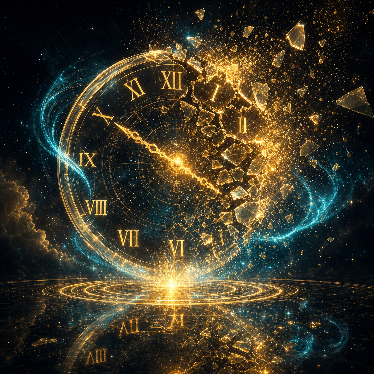 **[STYLE GUIDE: ADVANCED-TRANSURFING-CORE]** Dark cosmic aesthetic. Palette: #080C14, #C5A059, #FDE68A, #22D3EE. Atmospheric lighting with golden glowing particles and cyan energy swirls. High-contrast 'spiritual awakening' mood. 3D holographic icons. Textures of polished gold and deep space nebula. Reflective floor surfaces. Cinematic lighting, ultra-realistic, 8k resolution. **[END STYLE GUIDE]** A translucent clock face with elegant Roman numerals shattering into brilliant golden dust, symbolizing the breaking of time loops.