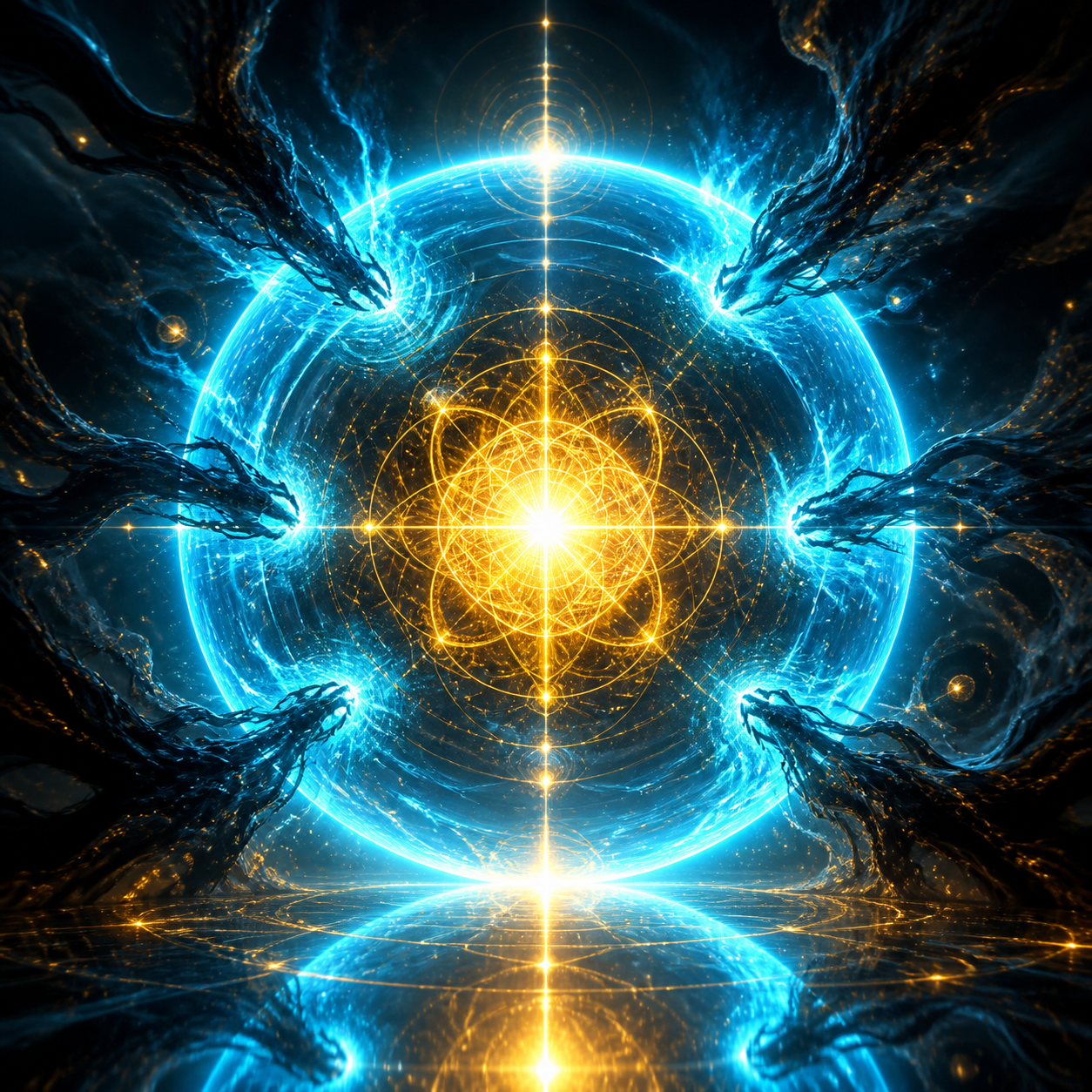 **[STYLE GUIDE: ADVANCED-TRANSURFING-CORE]** Dark cosmic aesthetic. Palette: #080C14, #C5A059, #FDE68A, #22D3EE. Atmospheric lighting with golden glowing particles and cyan energy swirls. High-contrast 'spiritual awakening' mood. 3D holographic icons. Textures of polished gold and deep space nebula. Reflective floor surfaces. Cinematic lighting, ultra-realistic, 8k resolution. **[END STYLE GUIDE]** A brilliant cyan energy shield forming a perfect sphere, reflecting dark, shadowy tendrils away from a blazing central golden light.
