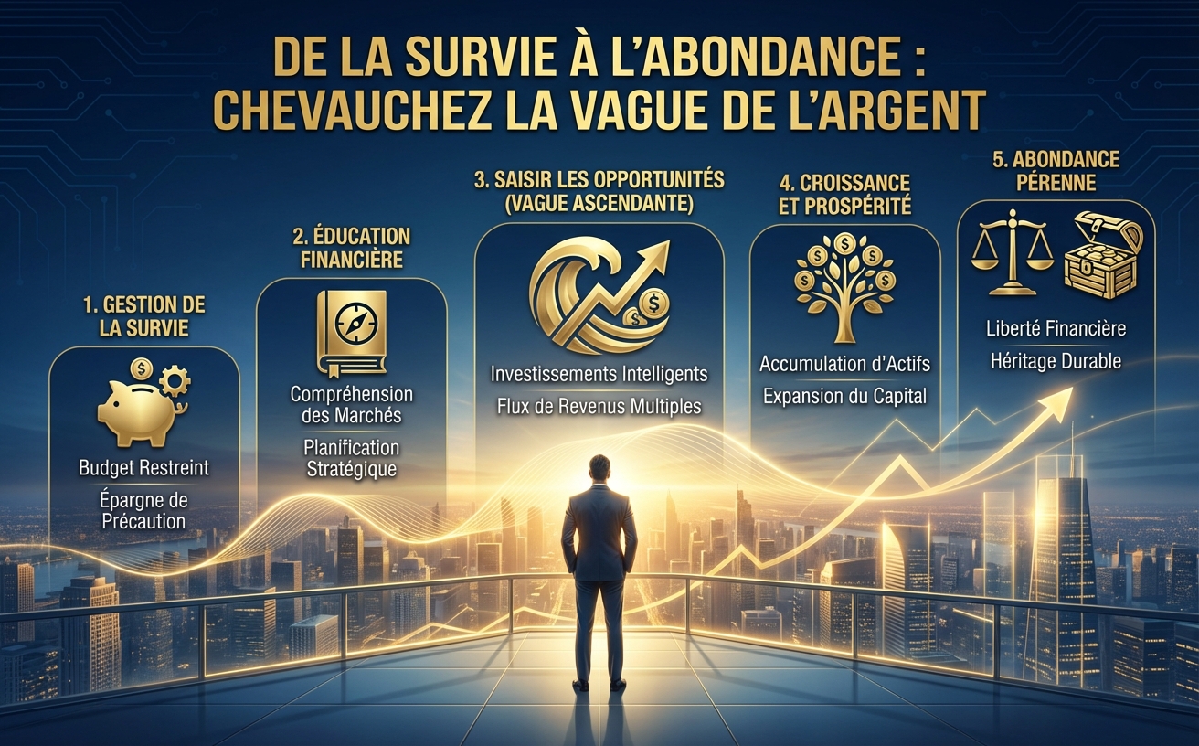Image marketing panoramique (970x600). Un homme ou une femme d'affaires élégant(e), de dos, regardant un horizon urbain baigné d'une lumière dorée de lever de soleil depuis un immense gratte-ciel. Des éléments graphiques subtils d'une vague dorée ou de courbes de croissance ascendante s'entrelacent dans le paysage. Texte en gras, grand et centré intégré dans l'image : "DE LA SURVIE À L'ABONDANCE : CHEVAUCHEZ LA VAGUE DE L'ARGENT". Style : professionnel, premium, inspirant, couleurs bleu profond et or.