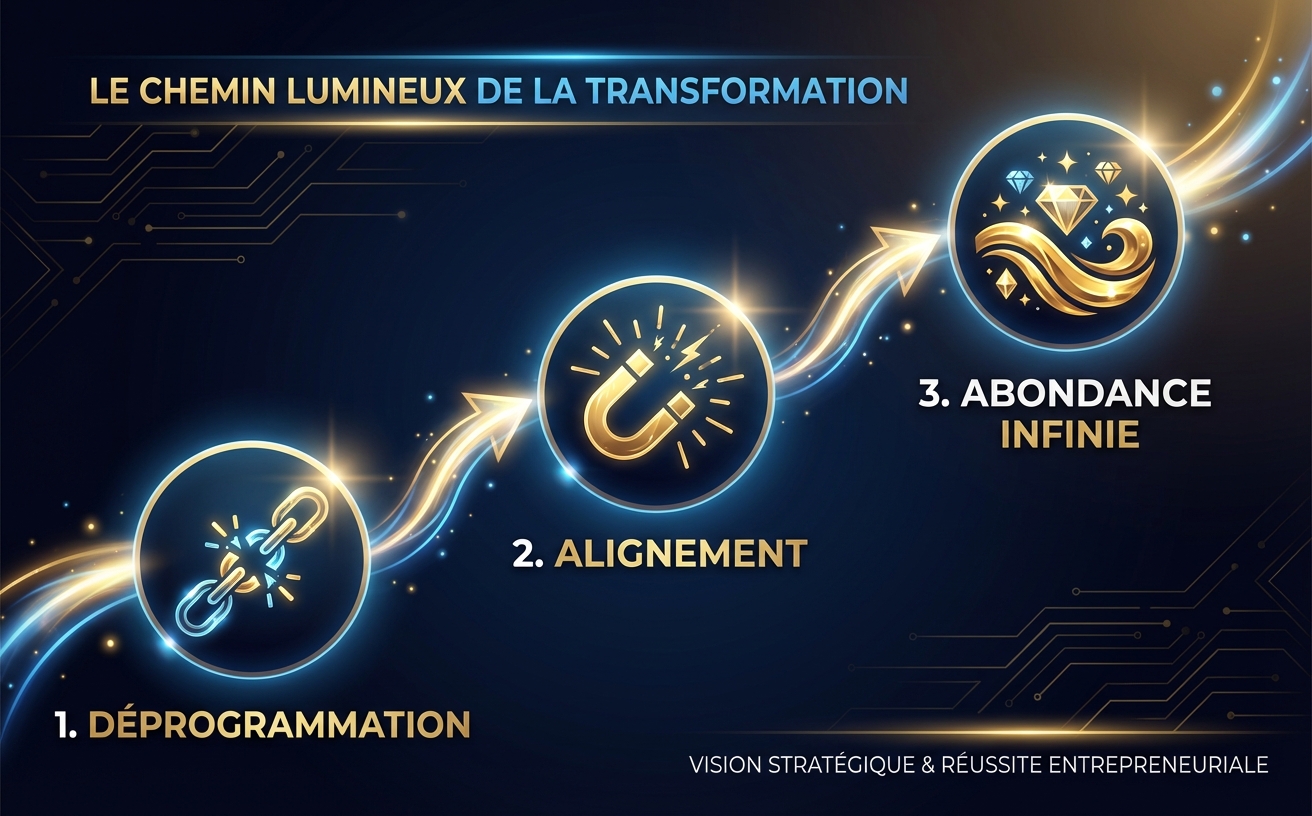 Infographie marketing panoramique (970x600). Un chemin lumineux en 3 étapes ascendantes claires. Étape 1 : Icône d'une chaîne brisée, texte "1. DÉPROGRAMMATION". Étape 2 : Icône d'un aimant doré rayonnant, texte "2. ALIGNEMENT". Étape 3 : Icône d'une vague d'or et de diamants, texte "3. ABONDANCE INFINIE". Style : design épuré, moderne, fond sombre avec des accents lumineux dorés et bleus, très professionnel et aspirationnel.