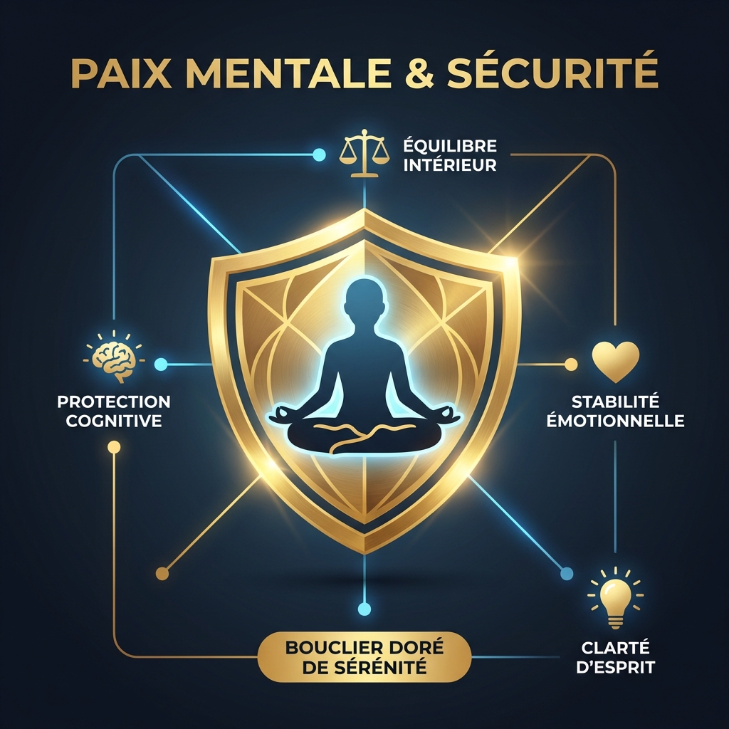 Icône premium et moderne d'un cerveau lumineux ou d'une personne méditant paisiblement avec un bouclier doré autour, symbolisant la paix mentale et la sécurité. Fond sombre et élégant.