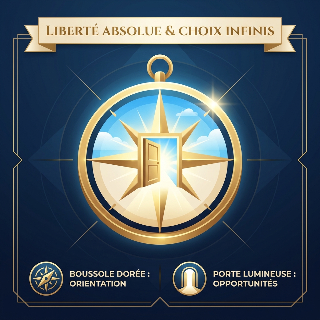 Icône premium d'une porte ouverte lumineuse vers un ciel clair ou d'une boussole dorée, représentant la liberté absolue et les choix infinis. Design épuré.