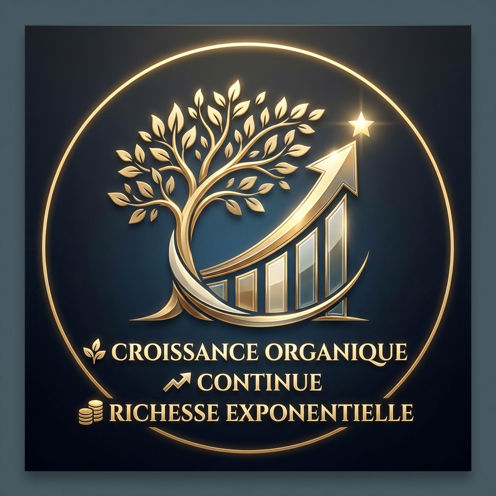 Icône premium d'un arbre majestueux aux feuilles d'or ou d'un graphique ascendant élégant en 3D, symbolisant la croissance organique, continue et la richesse exponentielle.