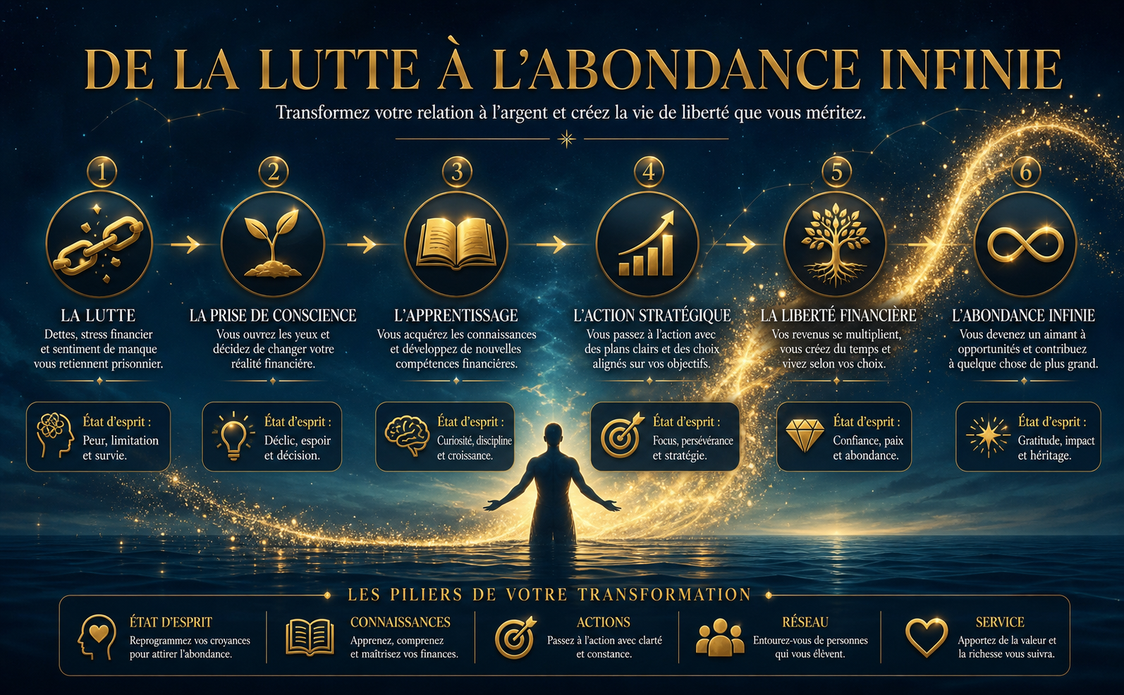 Scène épique et mystique représentant la transformation financière. Au premier plan, une silhouette humaine sereine se tient sur une eau nocturne calme reflétant un ciel étoilé profond (Nébuleuses discrètes, couleurs #041C2C et #1F618D). Autour d'elle, de douces vagues d'eau se transforment gracieusement en particules d'or lumineux (#D4AF37) s'élevant vers le ciel. Typographie élégante avec empattements (style Playfair Display) flottant dans l'espace : "DE LA LUTTE À L'ABONDANCE INFINIE" en or métallique brillant, avec sous-titre en blanc pur (#FFFFFF). Effets bokeh dorés et rayons lumineux fins. Pas de style cartoon, pas de couleurs néon, aucun livre visible.