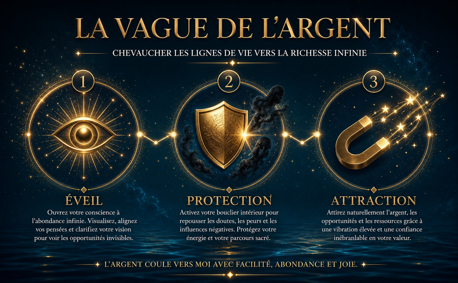 Infographie de type feuille de route mystique et luxueuse sur fond de dégradé bleu nuit profond (#041C2C) et texture d'eau nocturne. Trois étapes représentées par des icônes 3D minimalistes en or métallique poli (#D4AF37) : 1. Un œil éveillé rayonnant (Texte: "ÉVEIL"). 2. Un bouclier repoussant des ombres (Texte: "PROTECTION"). 3. Un aimant doré attirant des étoiles lumineuses (Texte: "ATTRACTION"). Les étapes sont reliées par de fines lignes de constellation lumineuses. Textes explicatifs élégants en blanc pur (#FFFFFF) avec typographie serif (Playfair Display). Ambiance prospère, effets de lueurs douces. Aucun livre n'est visible.