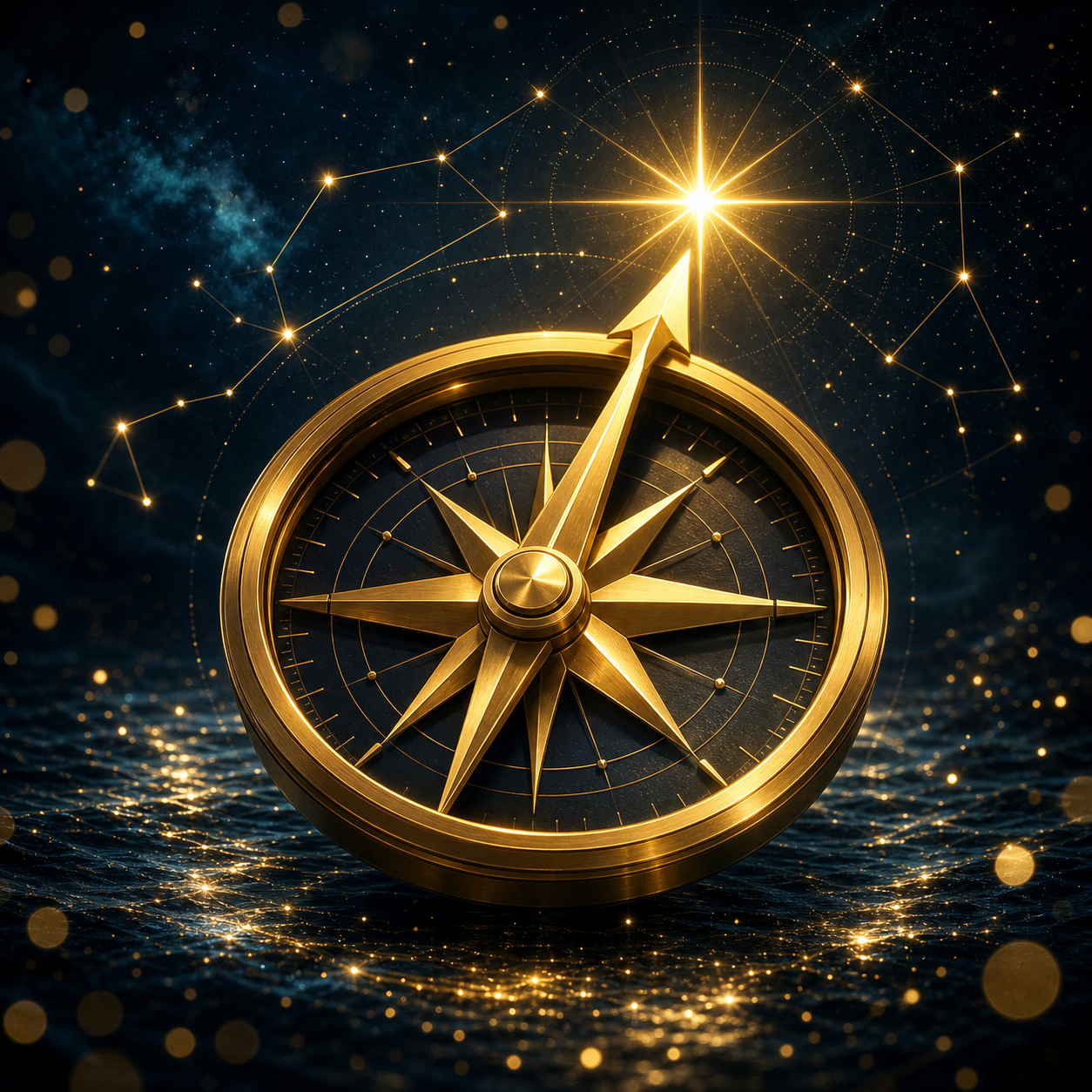 Icône 3D minimaliste en or (#D4AF37) d'une boussole stellaire pointant vers une étoile brillante, entourée de lignes de connexion type constellation. Fond sombre avec effet bokeh. Ambiance épique et prospère. Aucun livre.