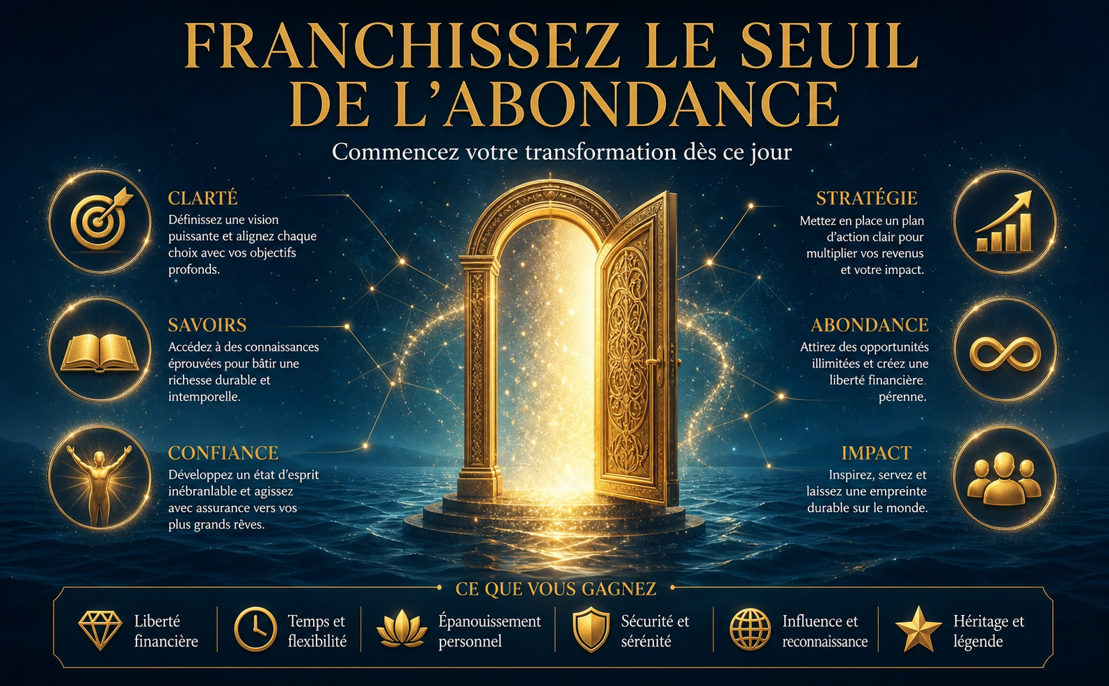 Scène majestueuse et inspirante. Une porte dorée massive et entrouverte (#D4AF37) flottant au-dessus d'une mer nocturne calme (#041C2C), révélant une lumière éblouissante (#F9E79F) à l'intérieur. De la poussière d'or s'échappe de l'ouverture. Titre superposé en typographie classique élégante (Playfair Display) : "FRANCHISSEZ LE SEUIL DE L'ABONDANCE" en or métallique, avec un sous-titre blanc "Commencez votre transformation dès ce jour". Atmosphère de maîtrise sereine et de prospérité infinie. Aucun livre représenté.