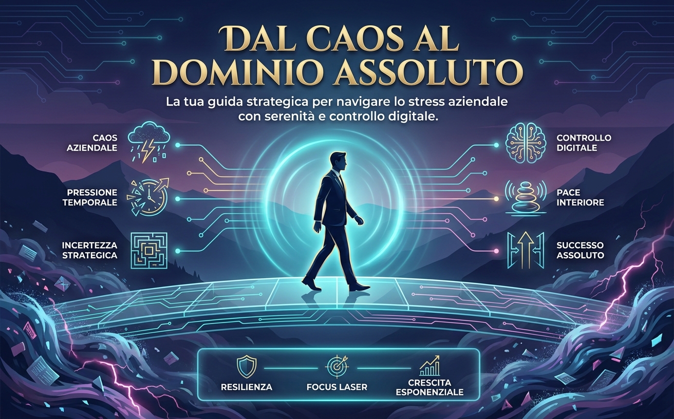 Visual Identity Rules for "Il Codice della Calma": Theme: Digital Zen / High-Tech Serenity. Color Palette: Deep Navy (#0B162C), Electric Teal (#000CED1), Premium Gold (#D4AF37), Soft Magenta (#7B2CBF). Lighting: Moody twilight with neon holographic glows and golden highlights. Background: Blend of serene nature landscapes (calm lakes, mountains) and abstract digital circuitry overlays. Iconography: Thin-line holographic icons with cyan luminescence. Typography Style: High-contrast elegant Serif for titles (Gold), clean geometric Sans-serif for body text. Key Elements: Zen stone stacks, glowing energy ripples, circuit board patterns, professional figures in meditative but powerful poses. Mood: Calm, authoritative, futuristic, high-pressure mastery. Avoid: Bright red/orange colors, cluttered environments, cartoon styles, low-resolution textures. 
SCENA: Un professionista elegante che cammina con estrema calma su un ponte di vetro tecnologico sopra una tempesta digitale caotica. La tempesta rappresenta lo stress aziendale, ma intorno alla persona c'è un'aura ciano luminescente di pace perfetta. Testo in italiano in sovrimpressione: "DAL CAOS AL DOMINIO ASSOLUTO". Stile infografica marketing. Nessun oggetto libro presente.