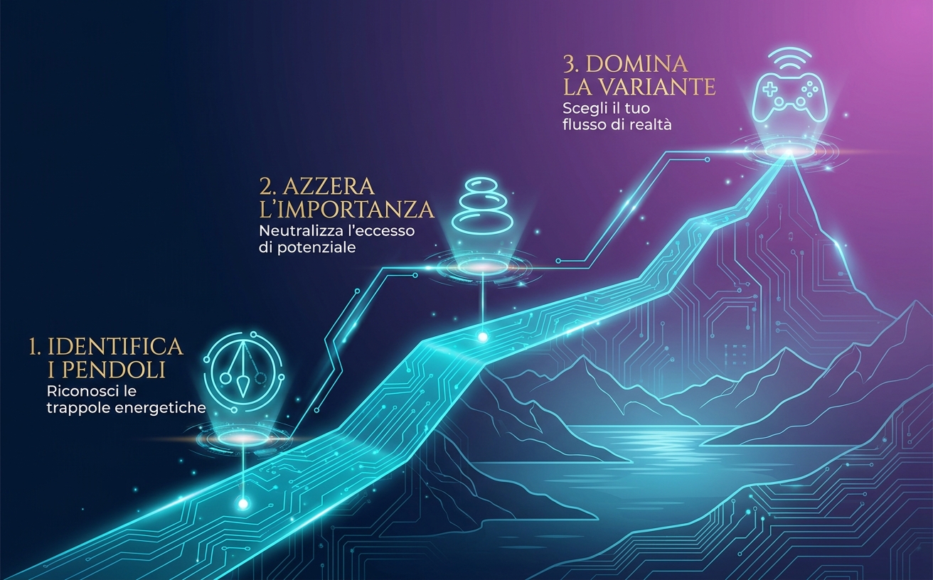 Visual Identity Rules for "Il Codice della Calma": Theme: Digital Zen / High-Tech Serenity. Color Palette: Deep Navy (#0B162C), Electric Teal (#000CED1), Premium Gold (#D4AF37), Soft Magenta (#7B2CBF). Lighting: Moody twilight with neon holographic glows and golden highlights. Background: Blend of serene nature landscapes (calm lakes, mountains) and abstract digital circuitry overlays. Iconography: Thin-line holographic icons with cyan luminescence. Typography Style: High-contrast elegant Serif for titles (Gold), clean geometric Sans-serif for body text. Key Elements: Zen stone stacks, glowing energy ripples, circuit board patterns, professional figures in meditative but powerful poses. Mood: Calm, authoritative, futuristic, high-pressure mastery. Avoid: Bright red/orange colors, cluttered environments, cartoon styles, low-resolution textures. 
SCENA: Infografica di un percorso luminoso color ciano che sale verso l'alto come una montagna astratta. Ci sono 3 punti di controllo luminosi collegati da linee di circuito. Le etichette in italiano dicono: "1. IDENTIFICA I PENDOLI", "2. AZZERA L'IMPORTANZA", "3. DOMINA LA VARIANTE". Sfondo che fonde montagne serene e circuiti digitali. Stile corporate premium. Nessun libro.
