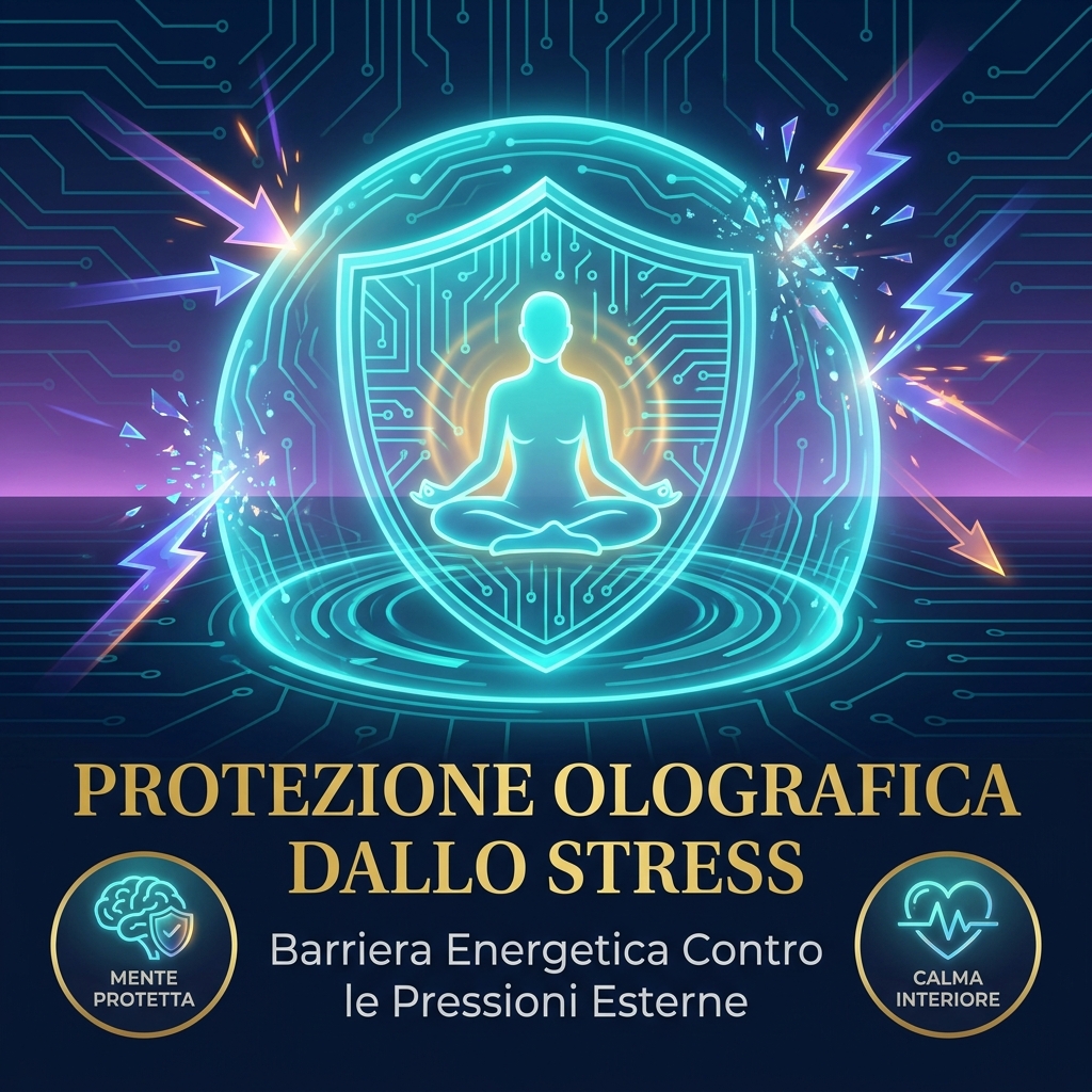 Visual Identity Rules for "Il Codice della Calma" applied. SCENA: Uno scudo energetico ciano luminescente che protegge in modo impenetrabile una silhouette umana astratta da frecce e fulmini esterni (che rappresentano lo stress). Stile icona olografica. Nessun libro.