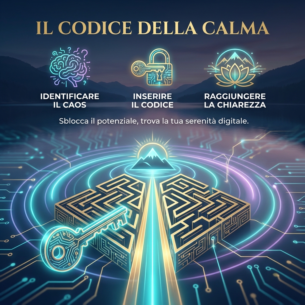Visual Identity Rules for "Il Codice della Calma" applied. SCENA: Una chiave olografica ciano luminescente che apre le porte di un intricato labirinto dorato. Onde d'acqua stilizzate emanano dal centro. Nessun libro.