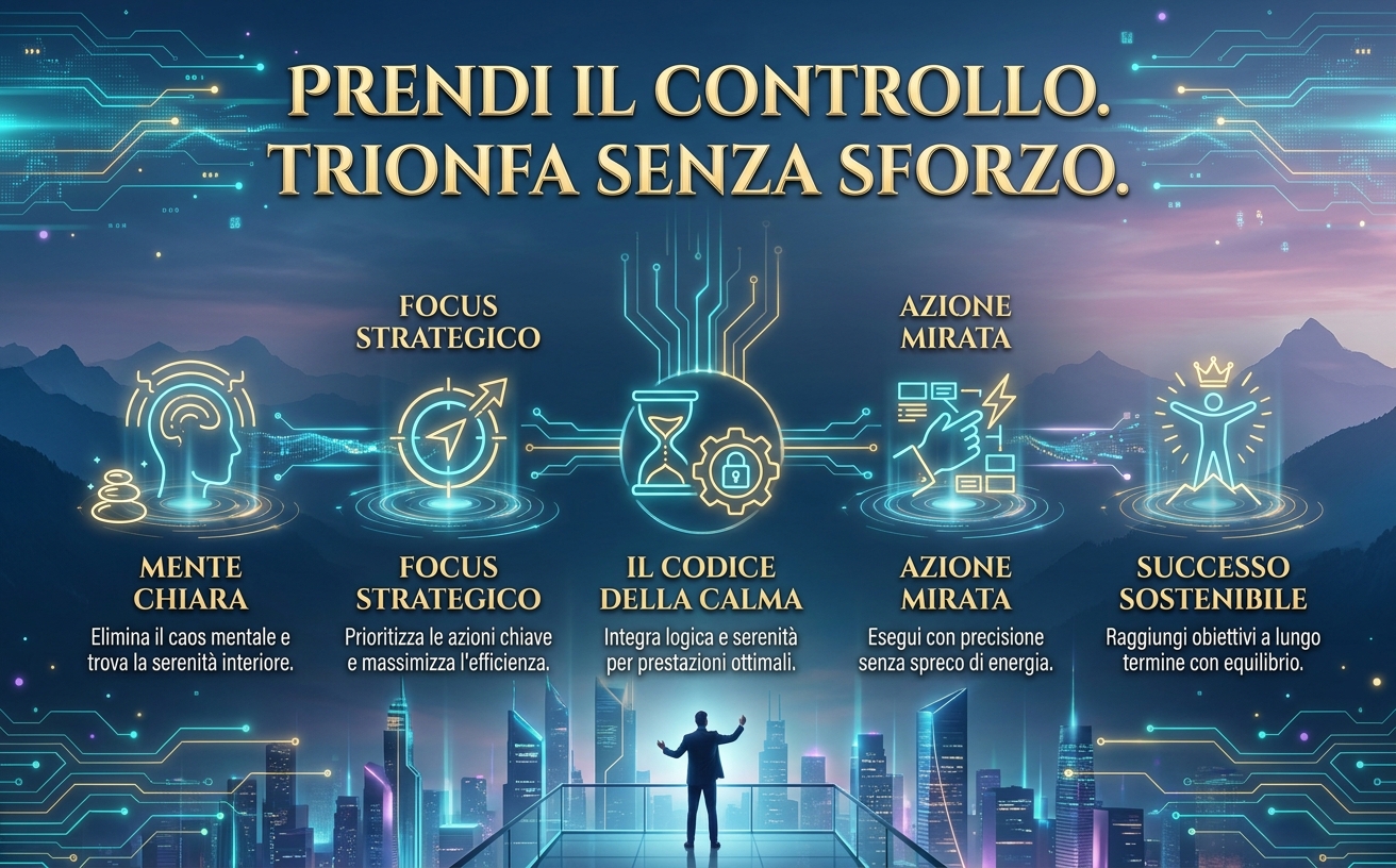 Visual Identity Rules for "Il Codice della Calma": Theme: Digital Zen / High-Tech Serenity. Color Palette: Deep Navy (#0B162C), Electric Teal (#000CED1), Premium Gold (#D4AF37), Soft Magenta (#7B2CBF). Lighting: Moody twilight with neon holographic glows and golden highlights. Background: Blend of serene nature landscapes (calm lakes, mountains) and abstract digital circuitry overlays. Iconography: Thin-line holographic icons with cyan luminescence. Typography Style: High-contrast elegant Serif for titles (Gold), clean geometric Sans-serif for body text. Key Elements: Zen stone stacks, glowing energy ripples, circuit board patterns, professional figures in meditative but powerful poses. Mood: Calm, authoritative, futuristic, high-pressure mastery. Avoid: Bright red/orange colors, cluttered environments, cartoon styles, low-resolution textures. 
SCENA: Una figura professionale sicura di sé in cima a un grattacielo futuristico di vetro, che guarda un'alba dorata mozzafiato che si fonde con flussi di dati digitali nel cielo. Testo in italiano in sovrimpressione, grande e audace: "PRENDI IL CONTROLLO. TRIONFA SENZA SFORZO". Immagine fortemente motivazionale. Nessun libro.