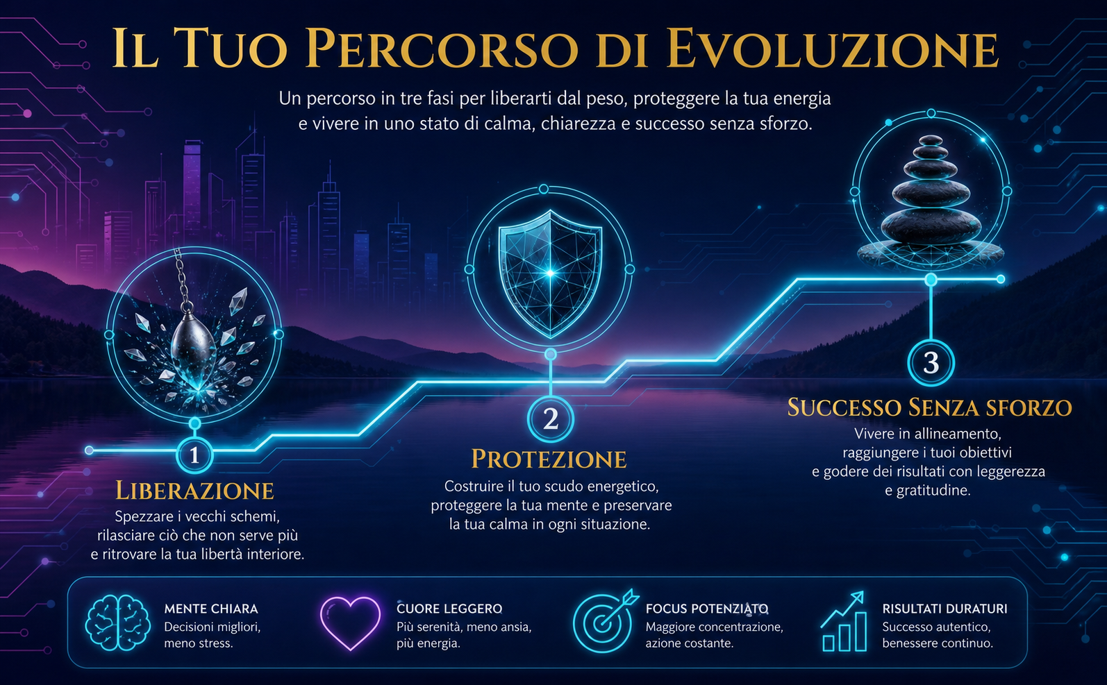 Infografica orizzontale 970x600. Stile "Serenità High-Tech". Sfondo blu notte (#0B1635) con tenui riflessi magenta (#701578). Una linea temporale a forma di circuito stampato luminoso in ciano neon (#00F2FF) che sale verso l'alto. Lungo il percorso ci sono 3 icone 3D "Tech-Zen": 1) Un pendolo frantumato (simboleggia la liberazione), 2) Uno scudo energetico poligonale (simboleggia la protezione), 3) Pietre zen in perfetto equilibrio (simboleggia il successo senza sforzo). Testi in italiano in bianco ghiaccio (#F0F4F8) e titoli in oro (#D4AF37): "Il Tuo Percorso di Evoluzione". Assolutamente nessun libro o copertina.